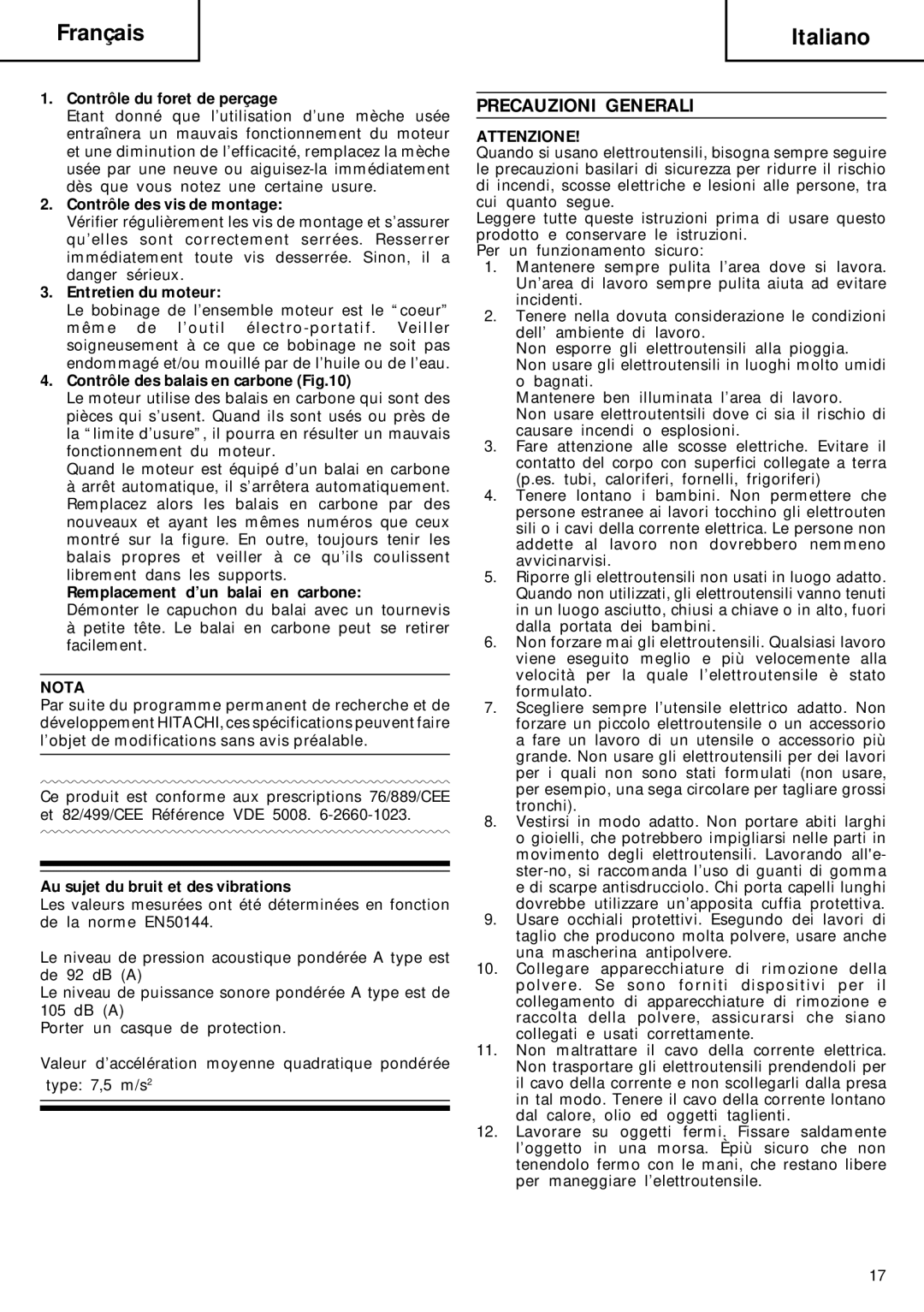 Hitachi DH 20V manual Français Italiano, Precauzioni Generali, Nota, Attenzione 