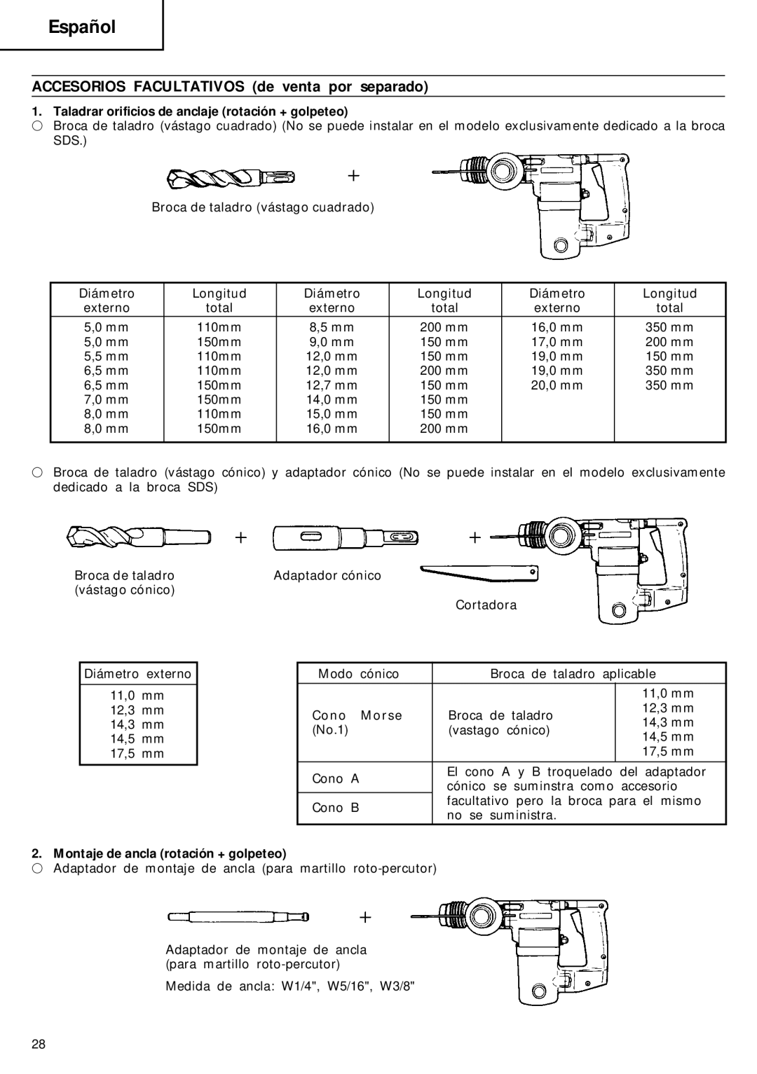 Hitachi DH 20V manual Accesorios Facultativos de venta por separado, Taladrar orificios de anclaje rotación + golpeteo 