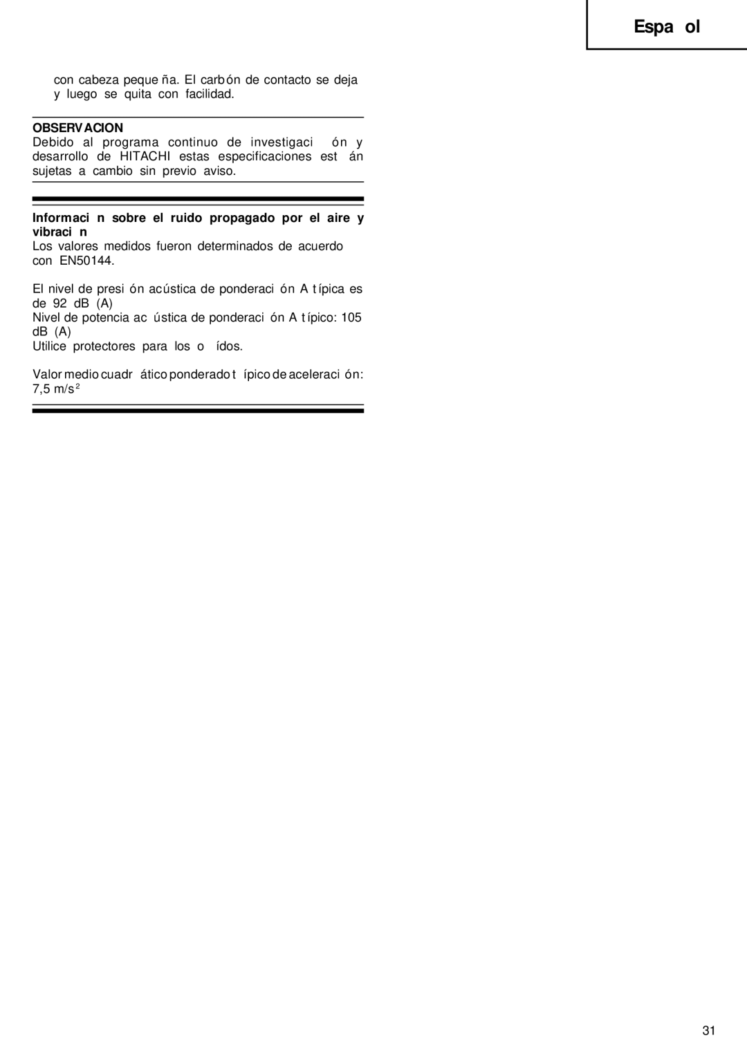 Hitachi DH 20V manual Observacion, Información sobre el ruido propagado por el aire y vibración 