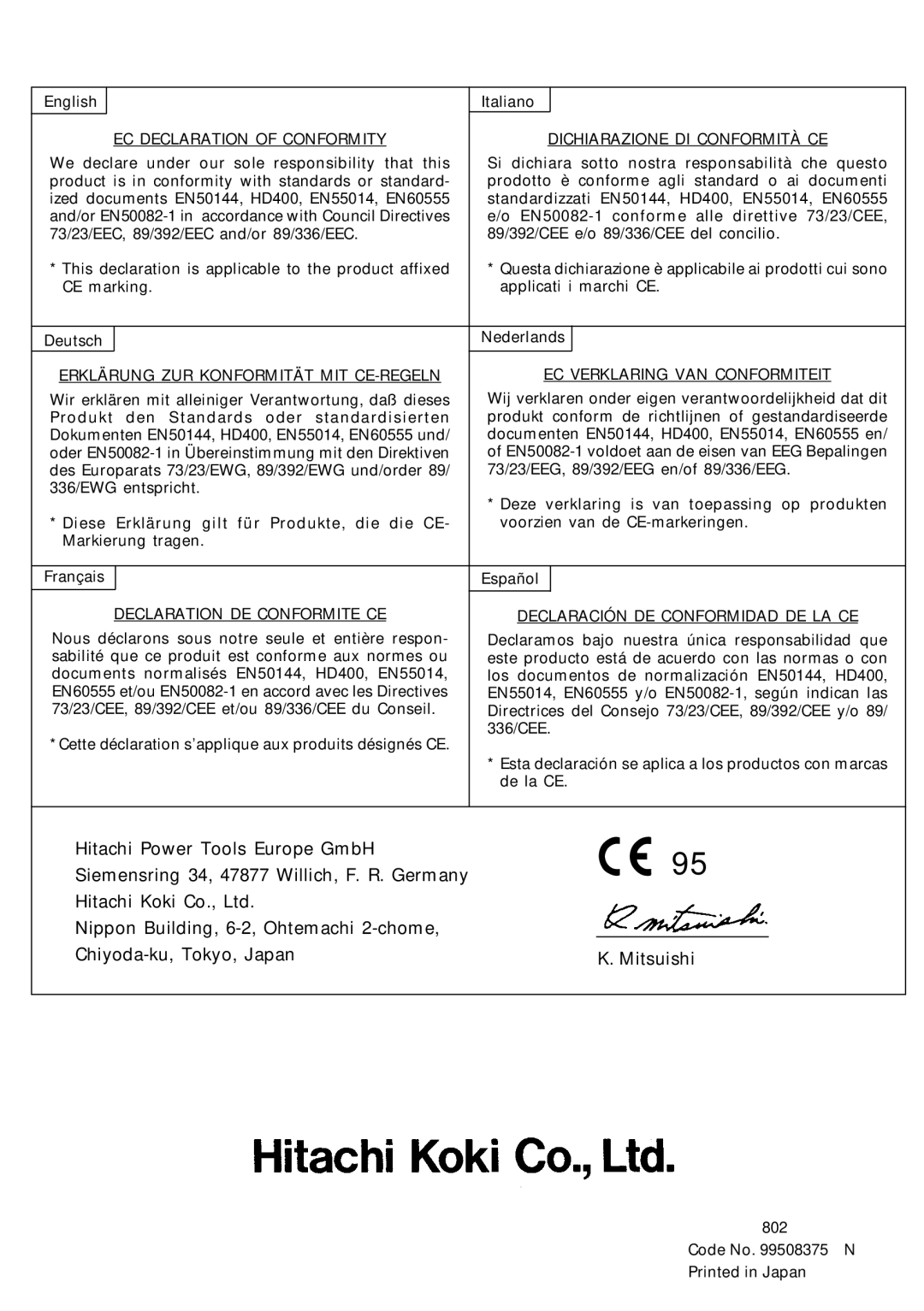 Hitachi DH 20V manual EC Declaration of Conformity Dichiarazione DI Conformità CE 