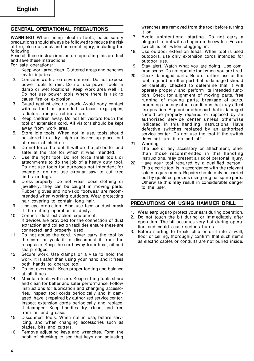 Hitachi DH 20V manual English, General Operational Precautions, Precautions on Using Hammer Drill 