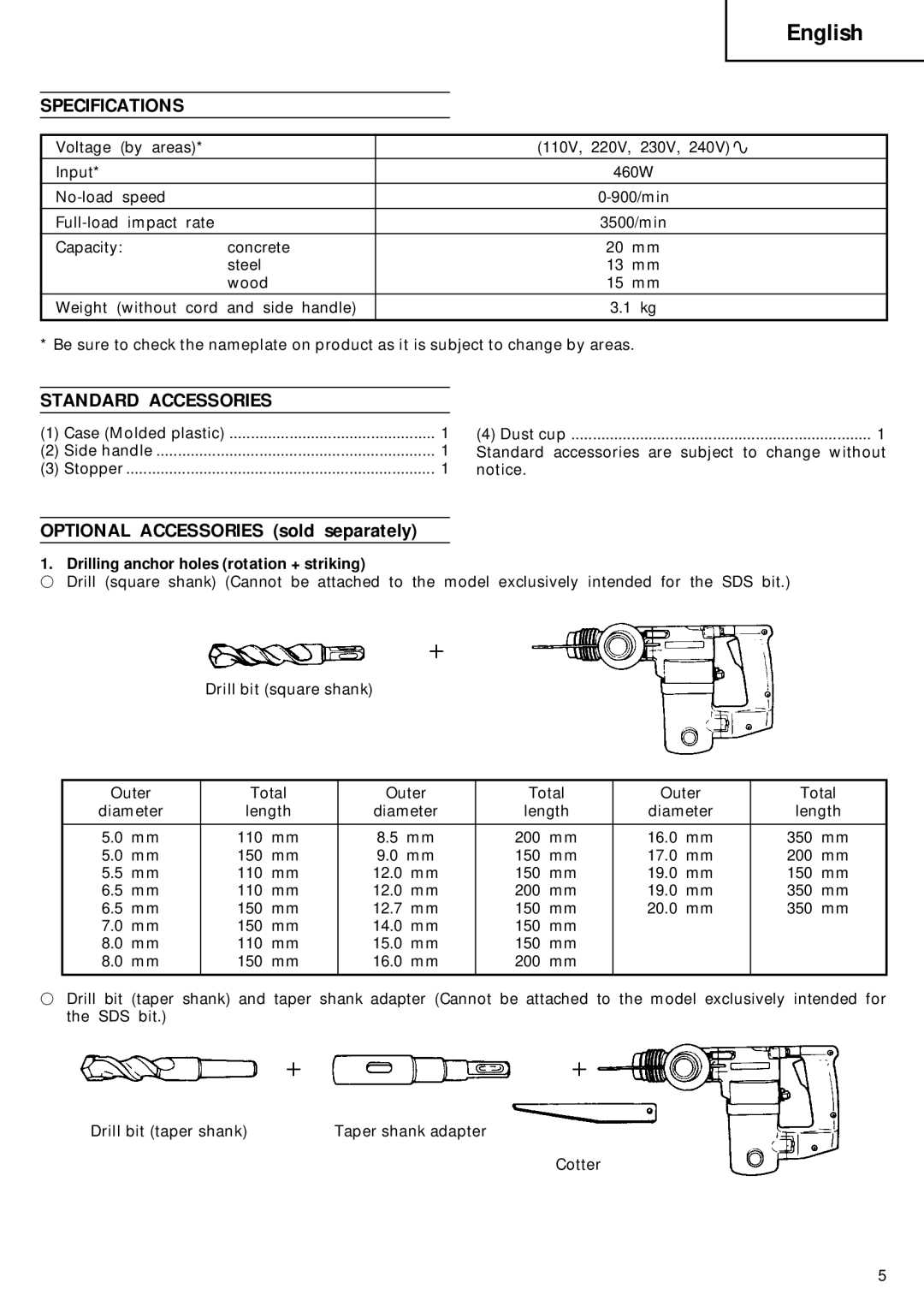 Hitachi DH 20V manual Specifications, Standard Accessories, Optional Accessories sold separately 