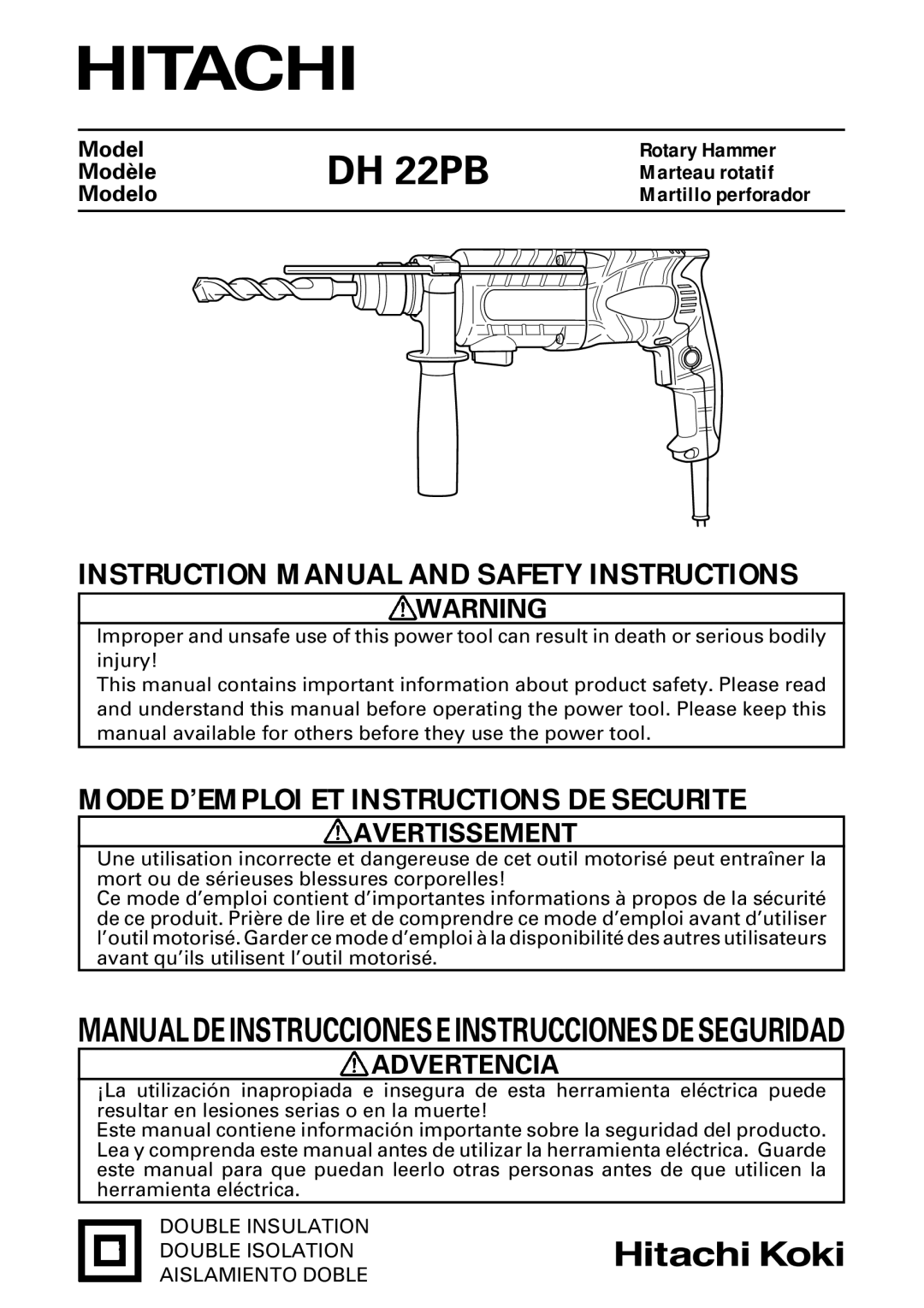 Hitachi DH 22PB instruction manual Manual DE Instrucciones E Instrucciones DE Seguridad 