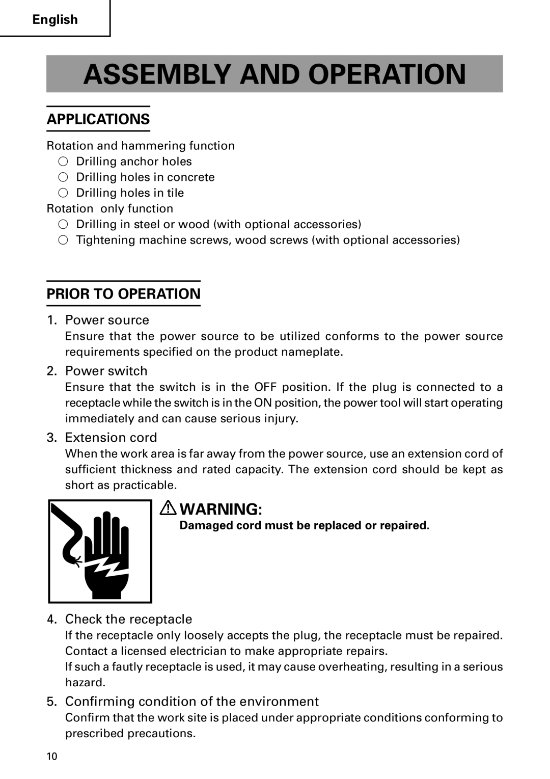 Hitachi DH 22PB instruction manual Assembly and Operation, Applications, Prior to Operation 