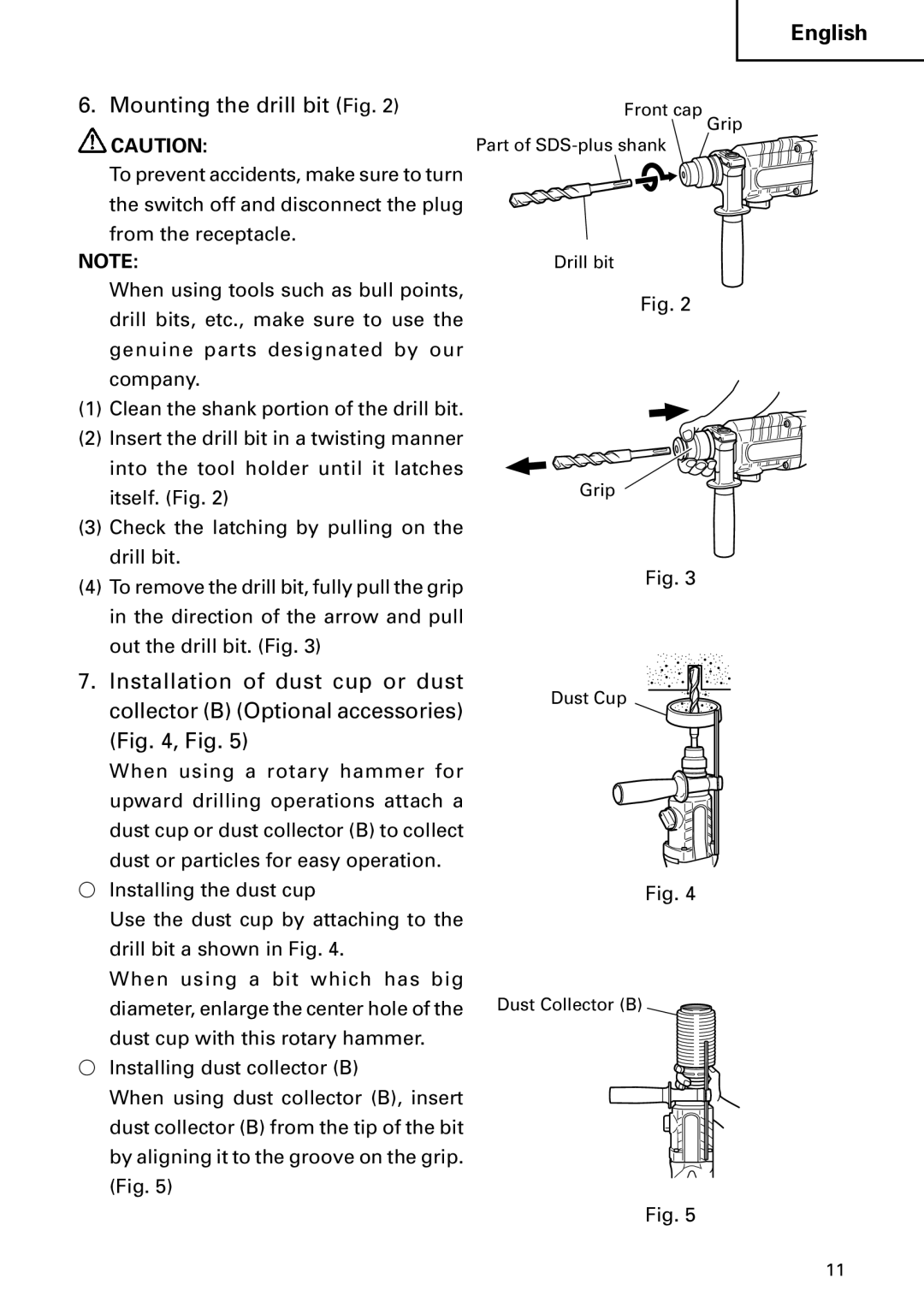 Hitachi DH 22PB instruction manual Mounting the drill bit Fig 