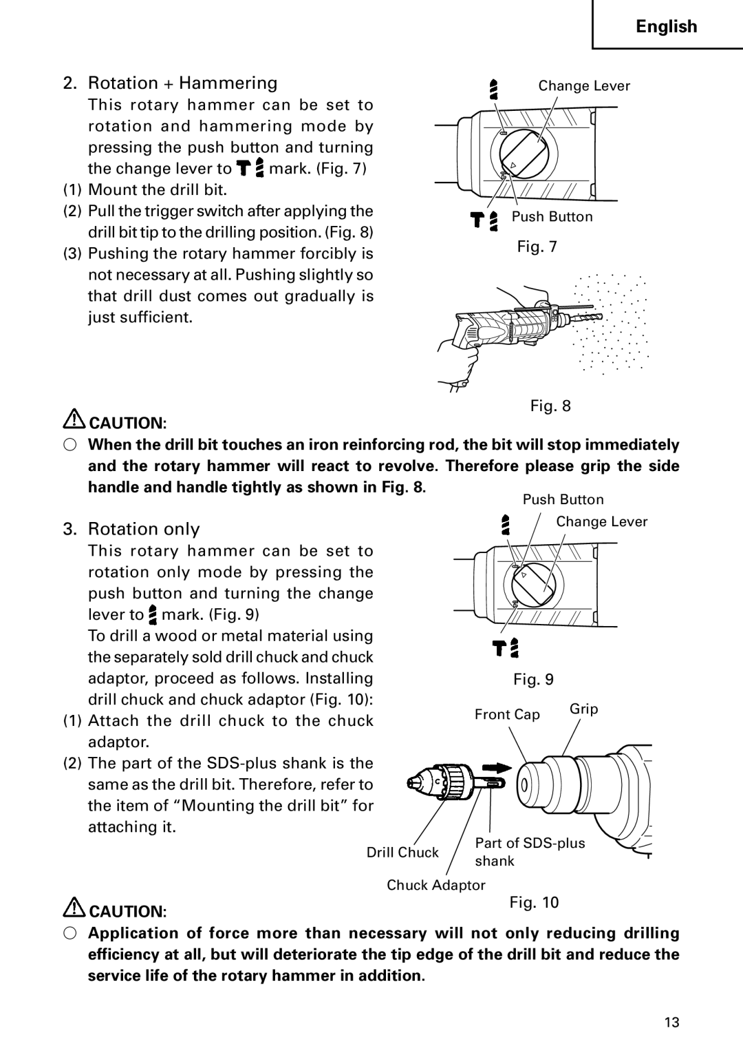 Hitachi DH 22PB instruction manual Rotation + Hammering, Rotation only 