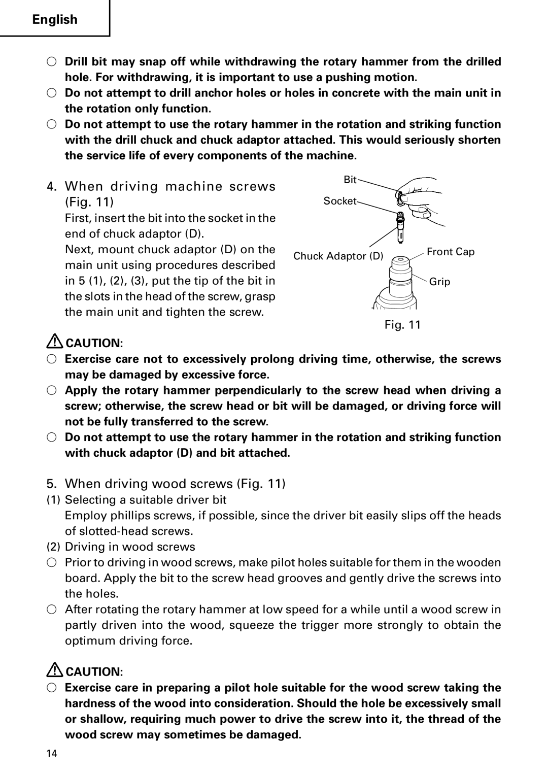 Hitachi DH 22PB instruction manual When driving machine screws Fig, When driving wood screws Fig 