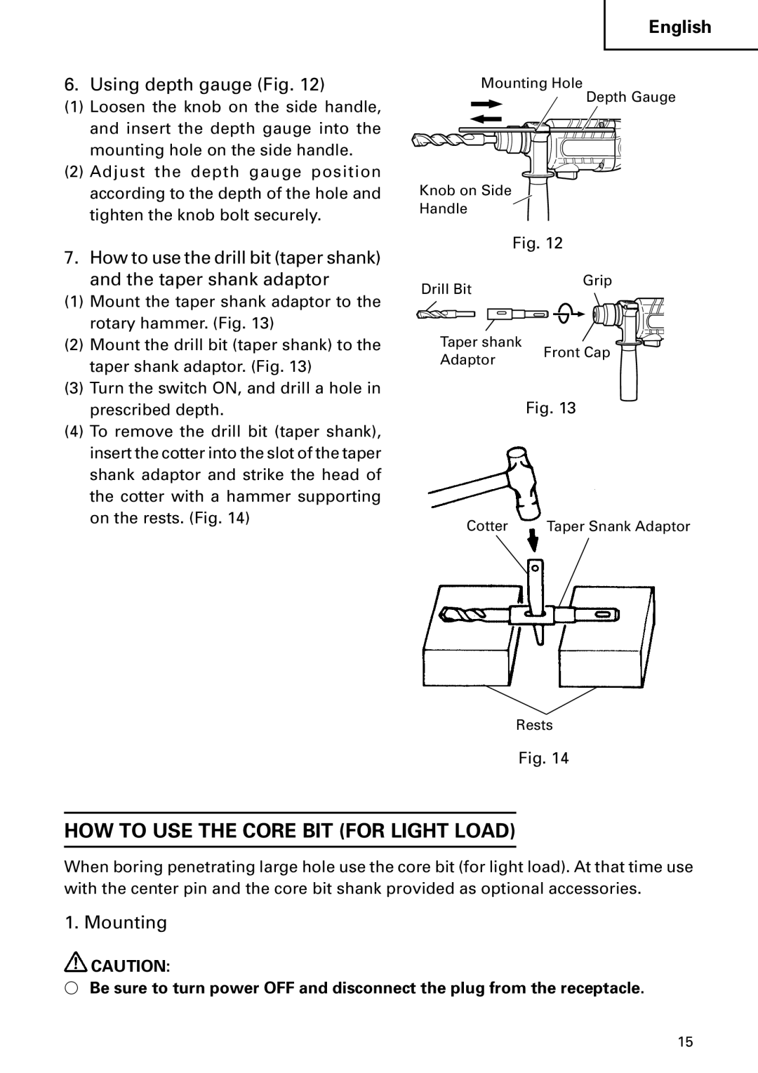 Hitachi DH 22PB instruction manual HOW to USE the Core BIT for Light Load, Using depth gauge Fig, Mounting 