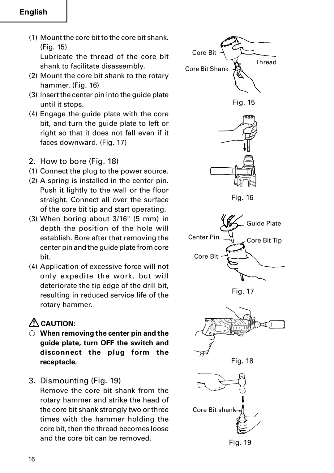 Hitachi DH 22PB instruction manual How to bore Fig, Dismounting Fig 