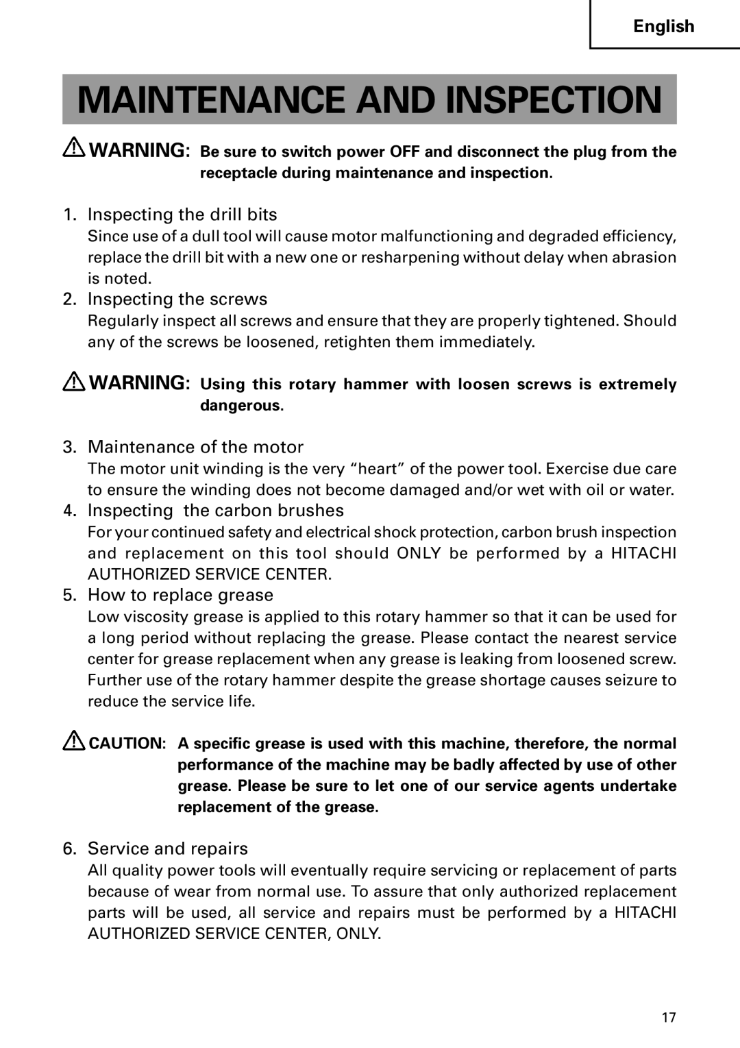 Hitachi DH 22PB instruction manual Maintenance and Inspection 