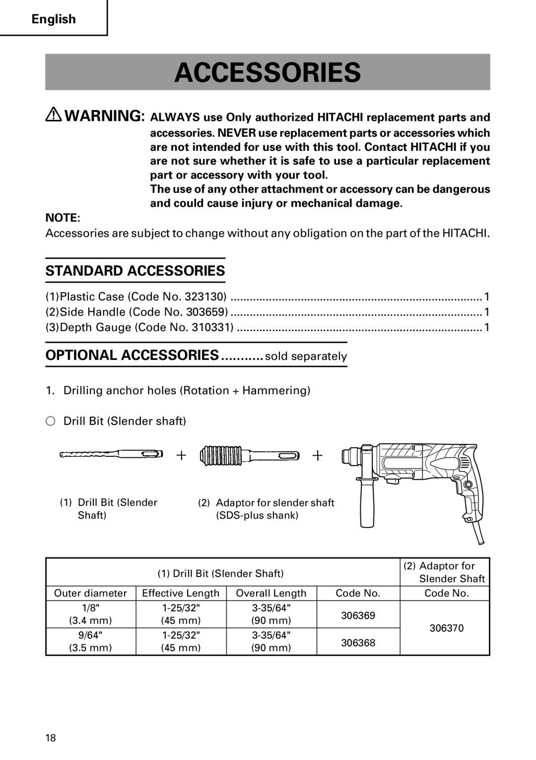 Hitachi DH 22PB instruction manual Standard Accessories, Sold separately 