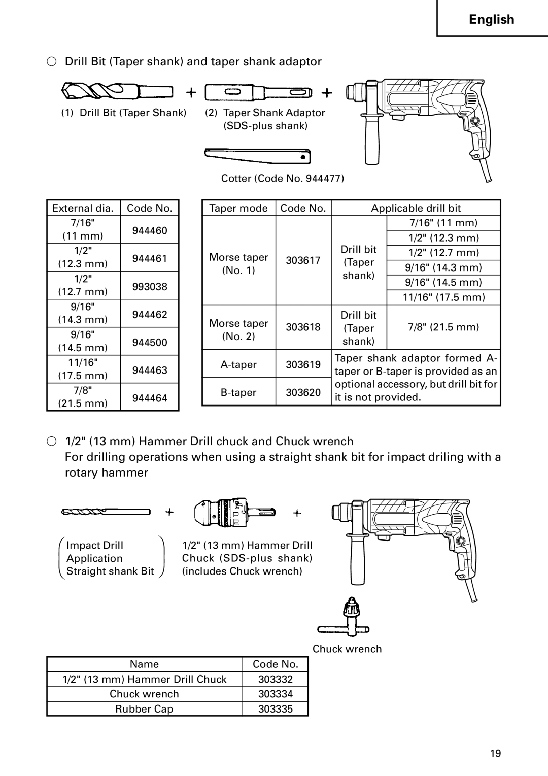 Hitachi DH 22PB instruction manual   , Drill Bit Taper shank and taper shank adaptor 