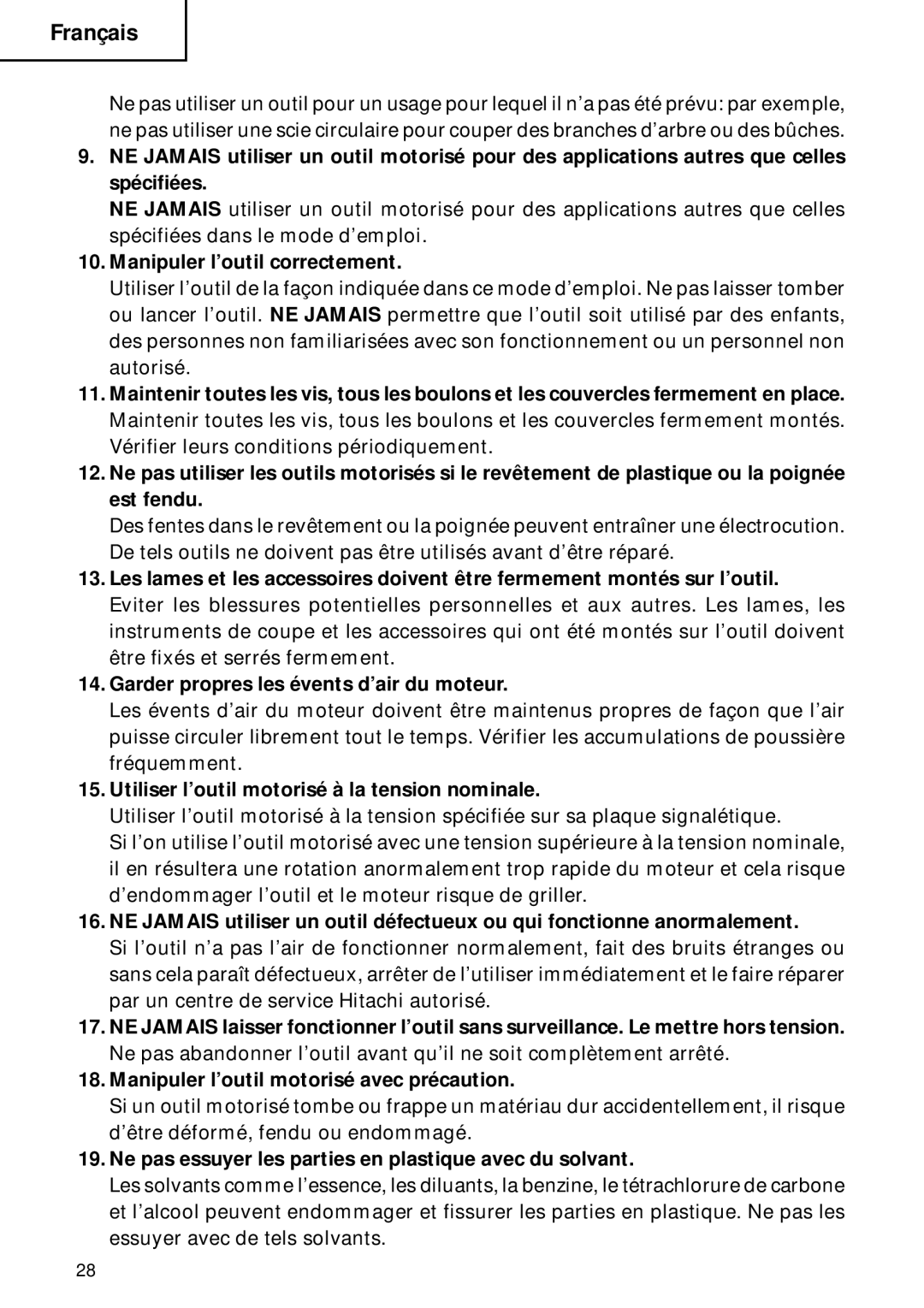 Hitachi DH 22PB instruction manual Manipuler l’outil correctement, Garder propres les évents d’air du moteur 