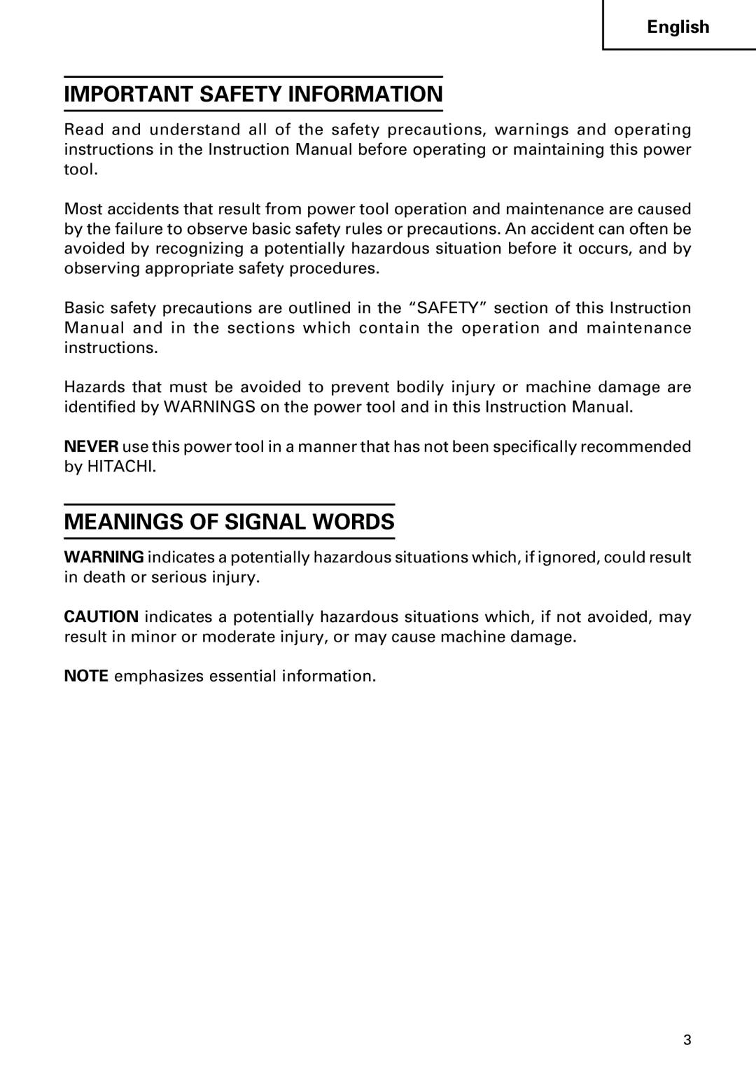 Hitachi DH 22PB instruction manual Meanings of Signal Words 