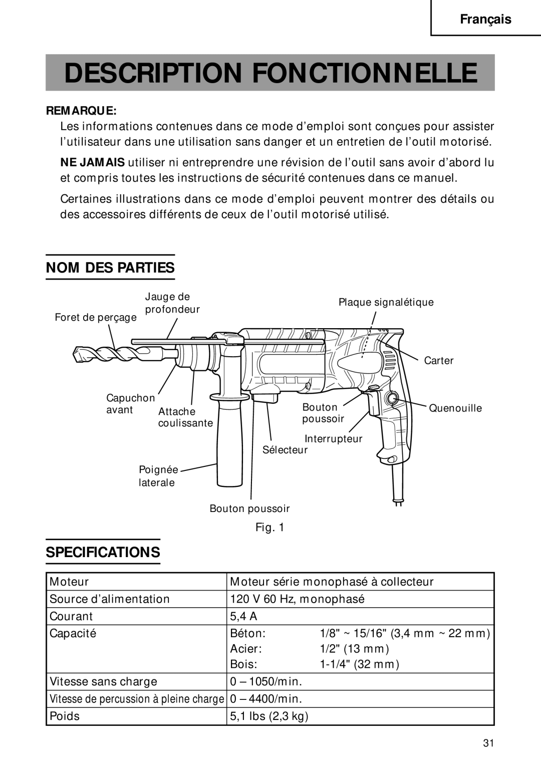 Hitachi DH 22PB instruction manual Description Fonctionnelle, NOM DES Parties, 4400/min Poids Lbs 2,3 kg 