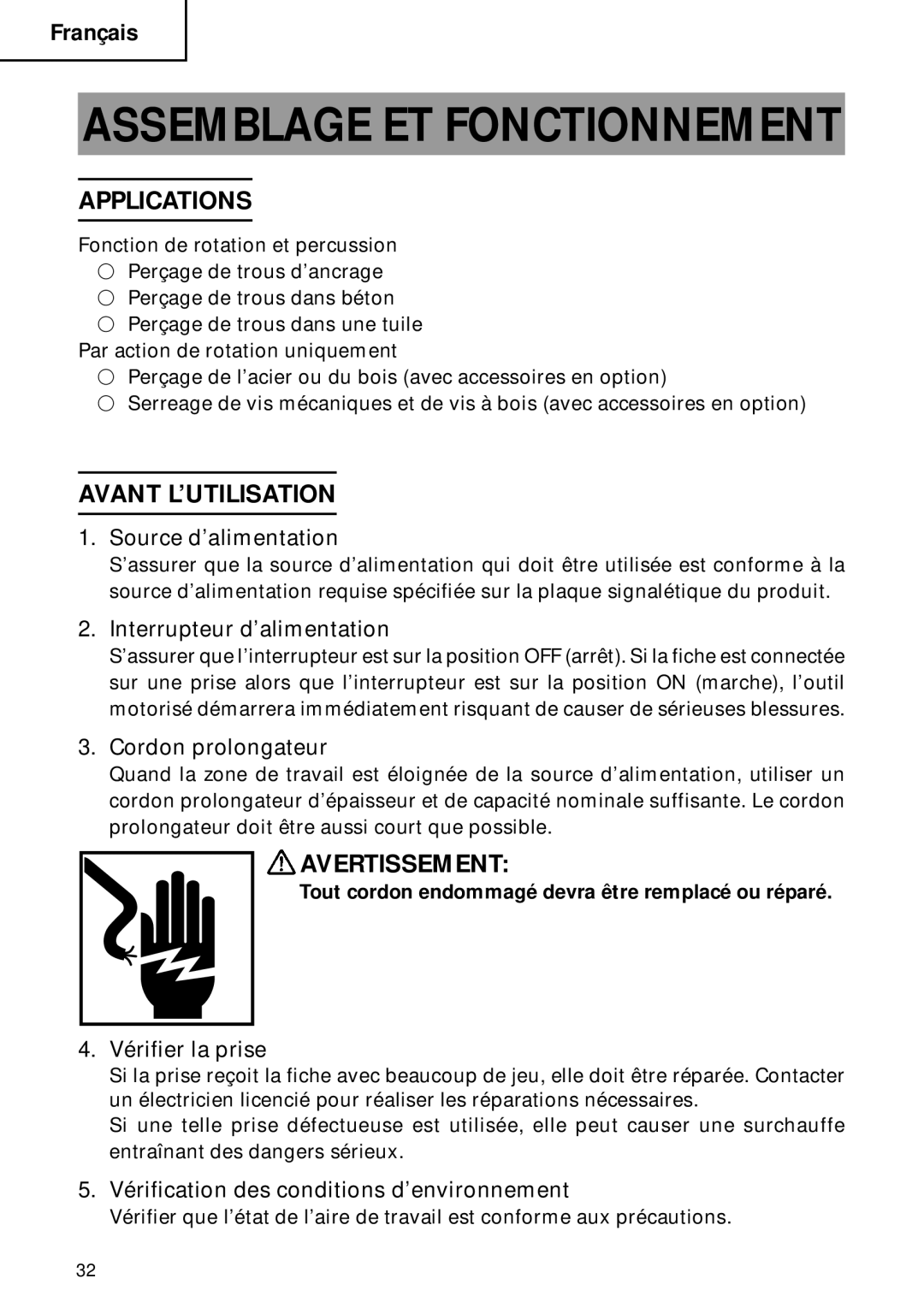 Hitachi DH 22PB instruction manual Avant L’UTILISATION, Avertissement 