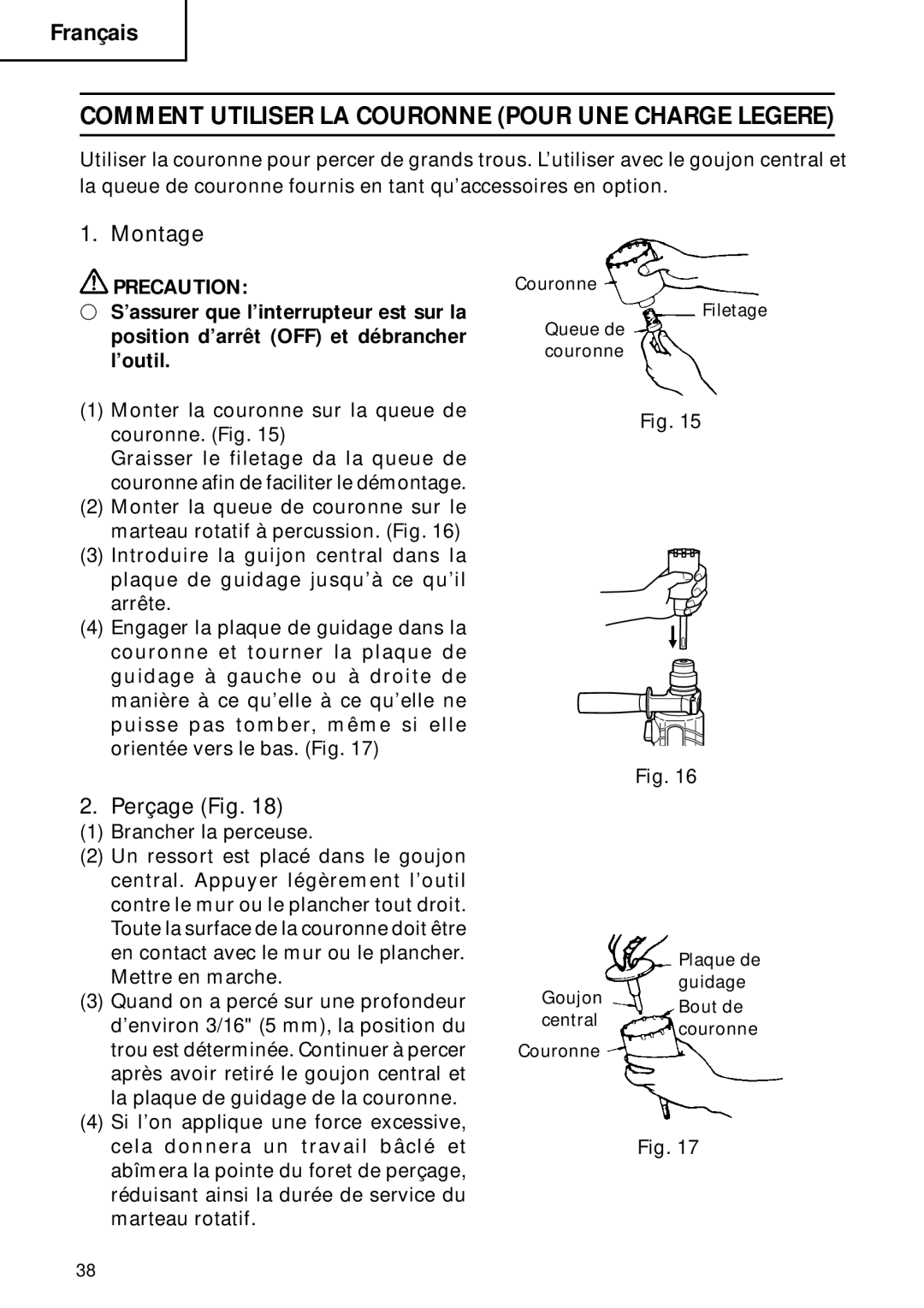 Hitachi DH 22PB instruction manual Comment Utiliser LA Couronne Pour UNE Charge Legere, Montage, Perçage Fig 