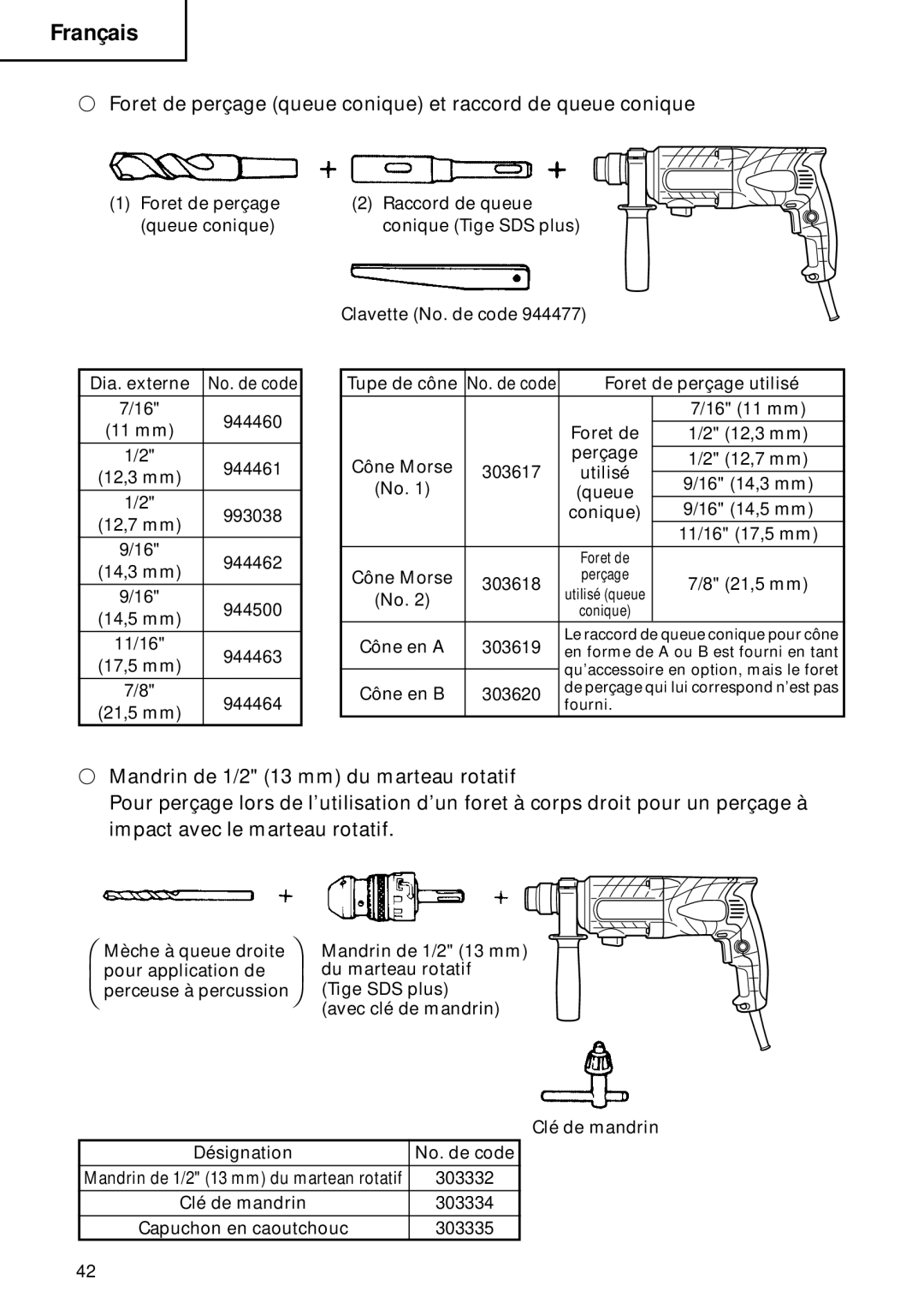 Hitachi DH 22PB instruction manual Foret de perçage queue conique et raccord de queue conique, Cône en a 303619 