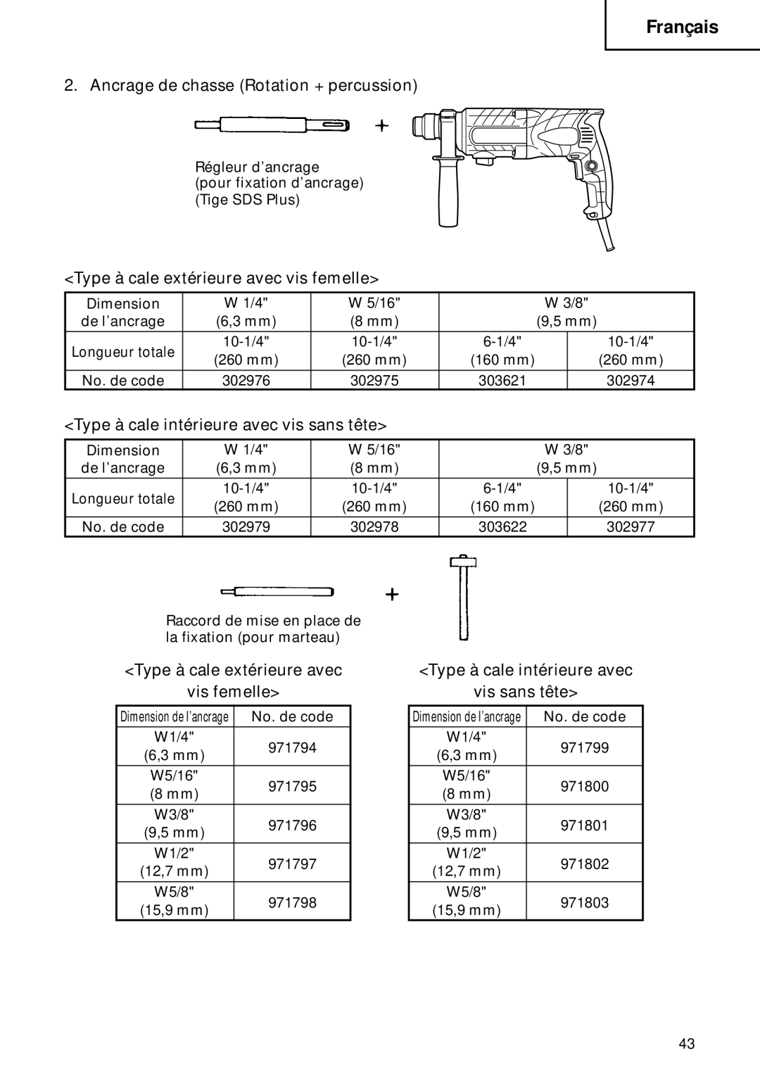 Hitachi DH 22PB instruction manual Ancrage de chasse Rotation + percussion, Type à cale extérieure avec vis femelle 