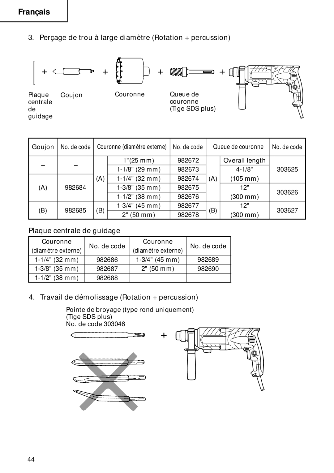 Hitachi DH 22PB instruction manual Perçage de trou à large diamètre Rotation + percussion, Plaque centrale de guidage 