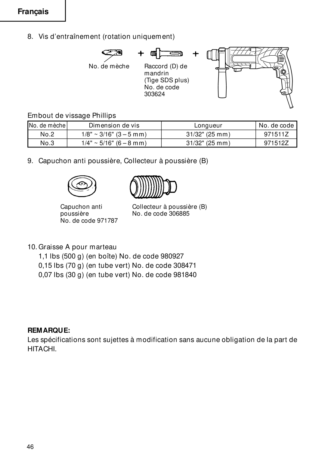 Hitachi DH 22PB instruction manual Vis d’entraînement rotation uniquement, Embout de vissage Phillips 