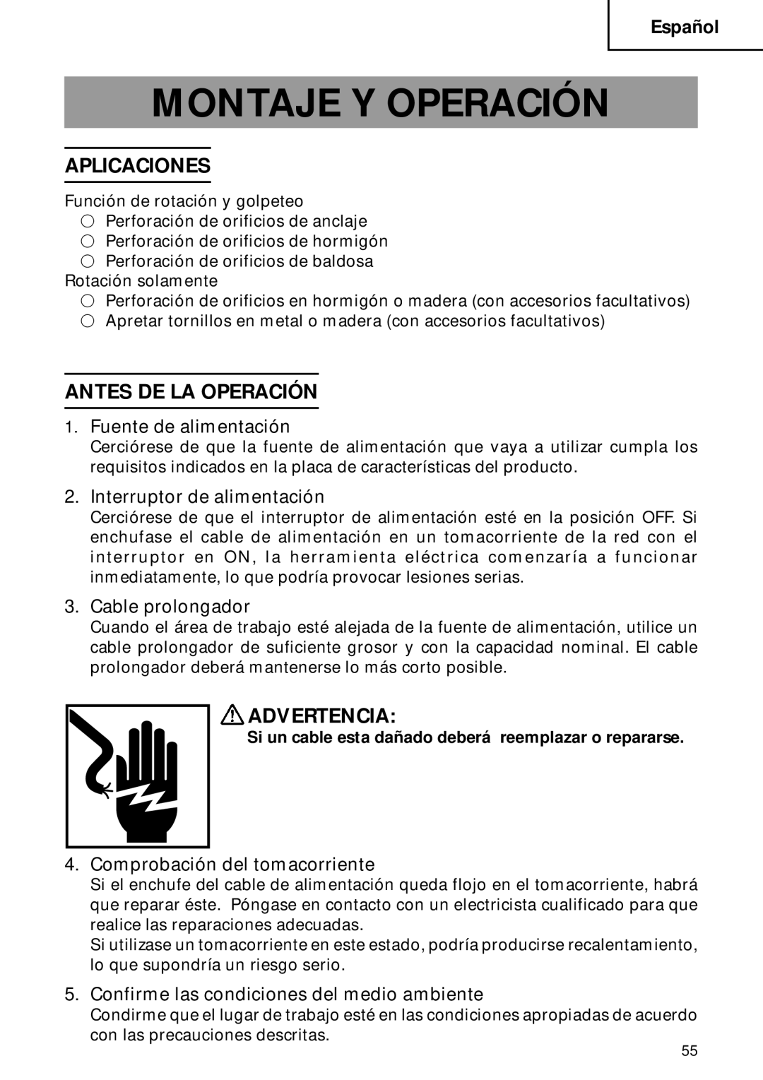 Hitachi DH 22PB instruction manual Montaje Y Operación, Aplicaciones, Antes DE LA Operación, Advertencia 