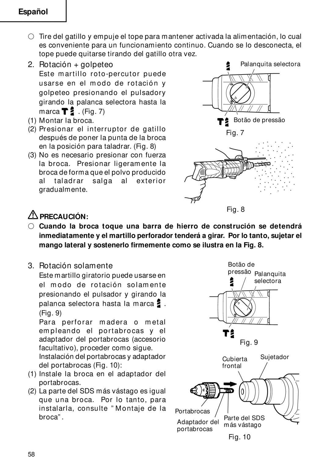 Hitachi DH 22PB instruction manual Rotación + golpeteo, Rotación solamente 