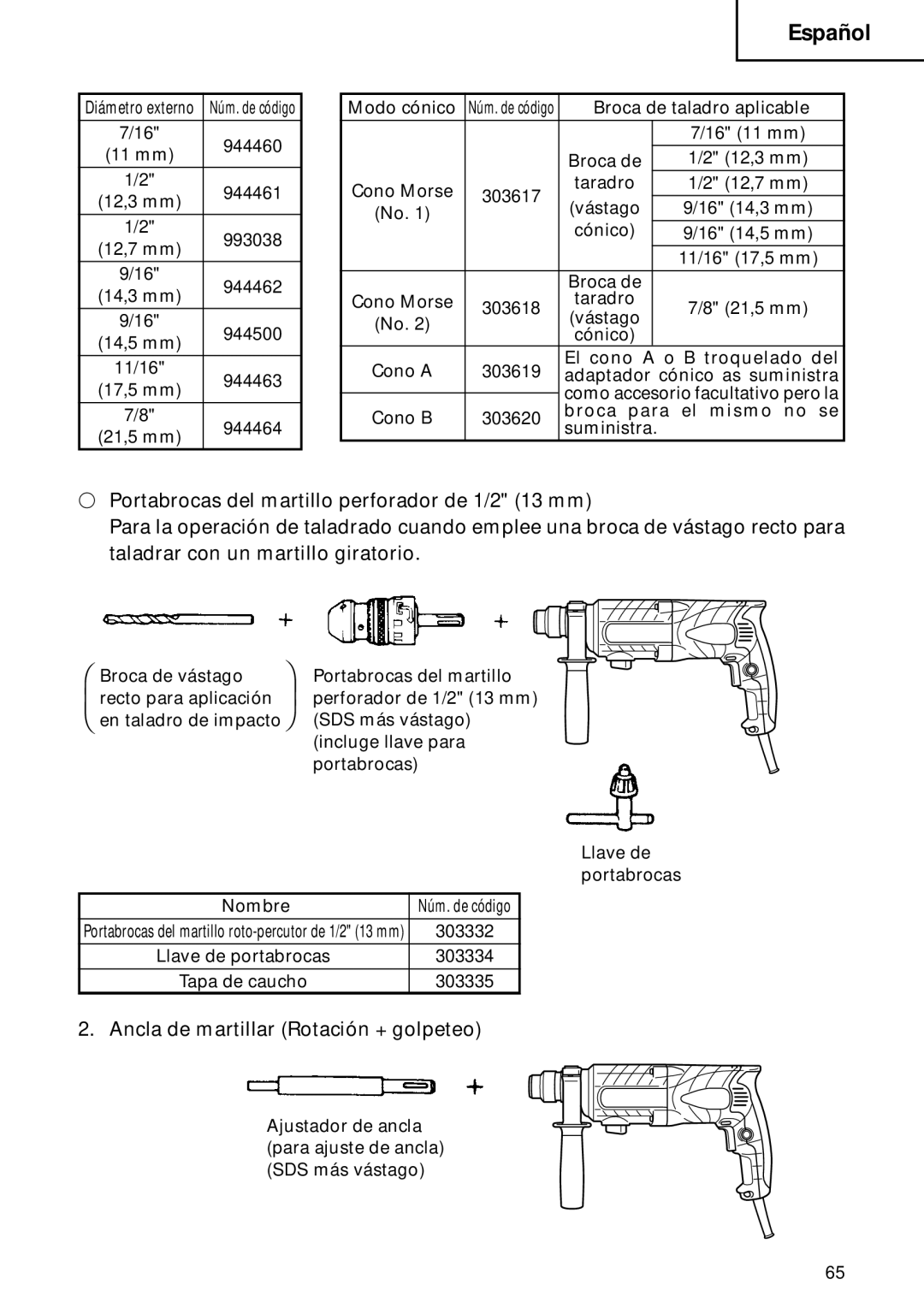 Hitachi DH 22PB instruction manual Ancla de martillar Rotación + golpeteo 