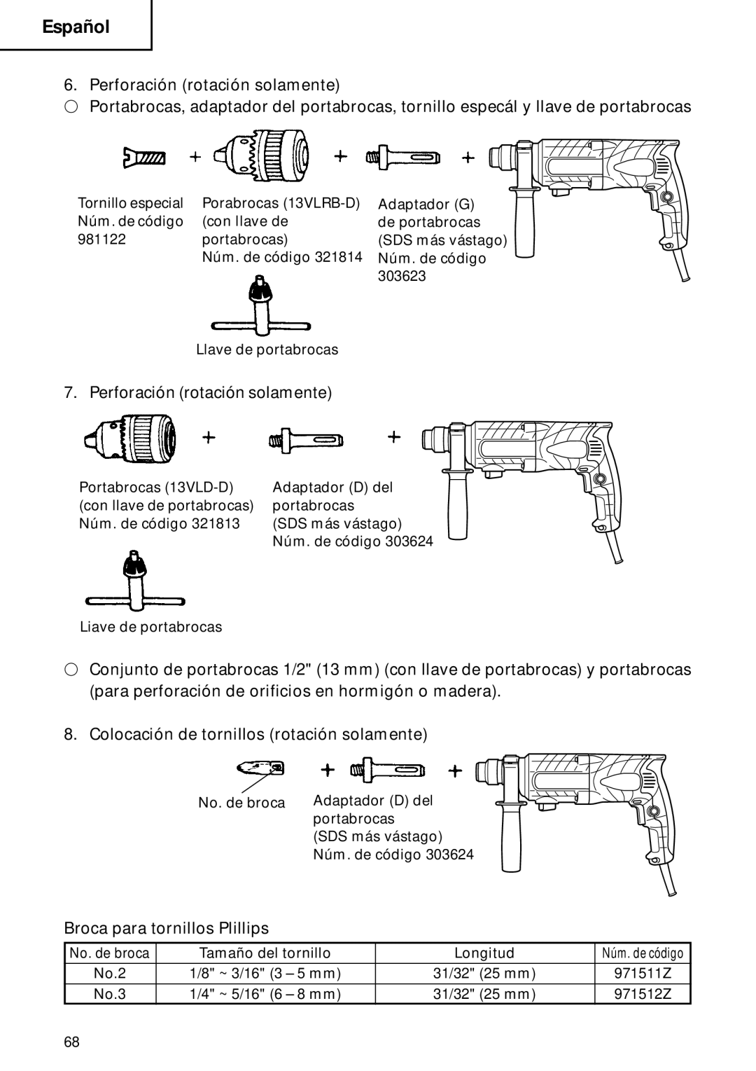 Hitachi DH 22PB instruction manual Perforación rotación solamente, Broca para tornillos Plillips 