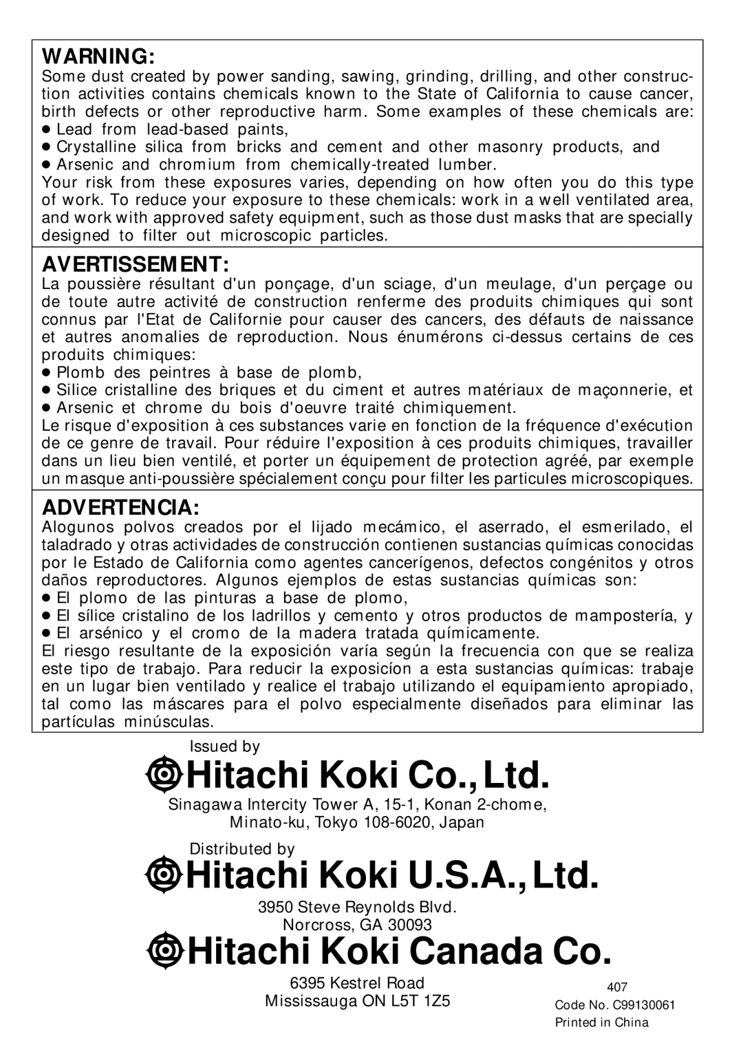 Hitachi DH 22PB instruction manual Kestrel Road Mississauga on L5T 1Z5 