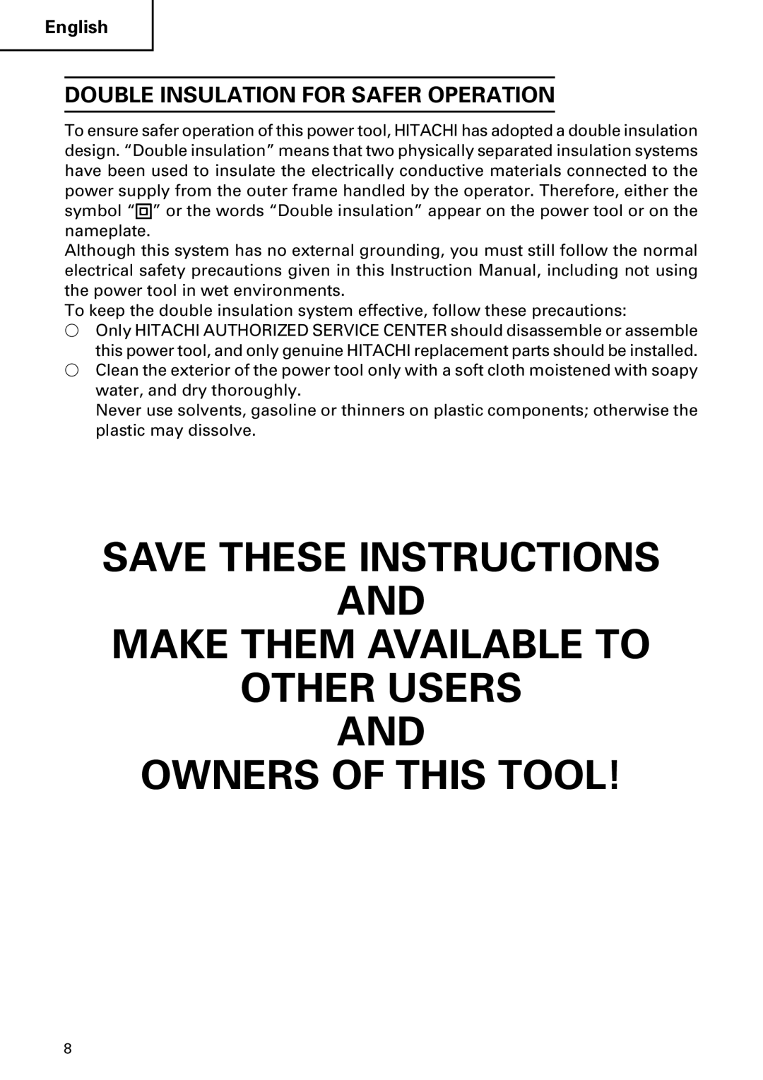 Hitachi DH 22PB instruction manual Make Them Available to Other Users Owners of this Tool 