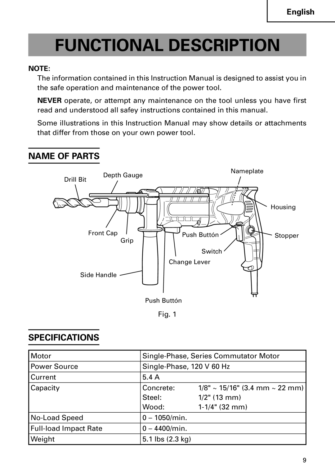 Hitachi DH 22PB instruction manual Functional Description, Name of Parts, Specifications 