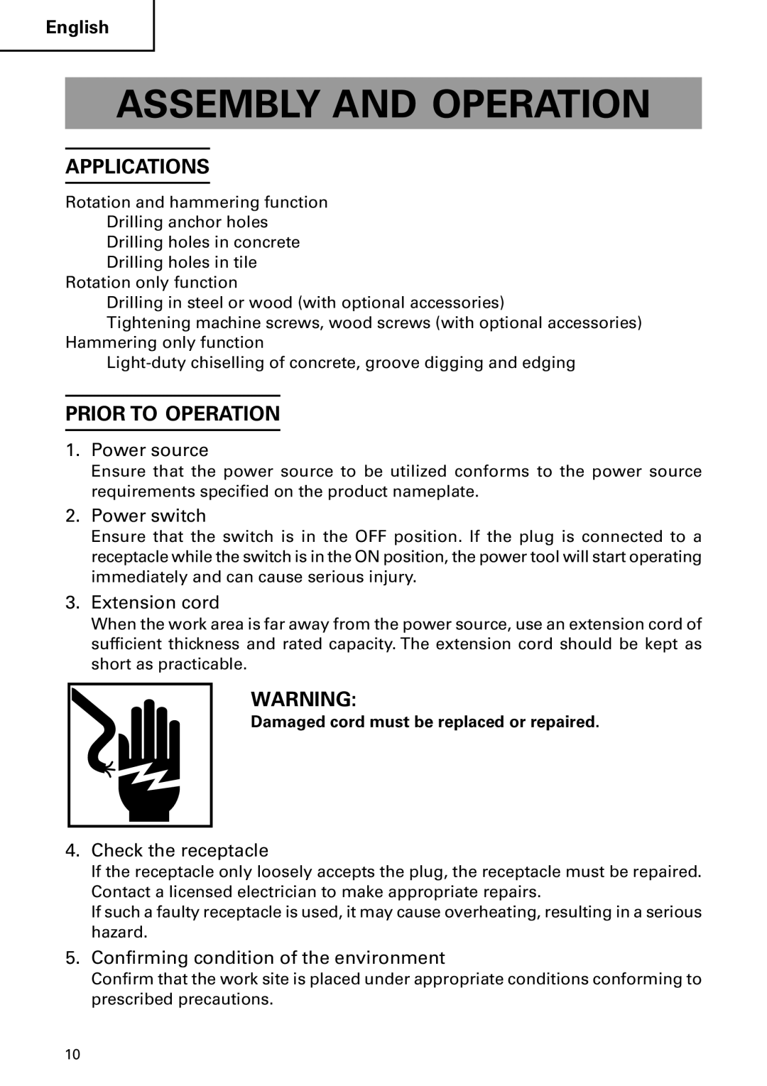 Hitachi DH 24 PF instruction manual Assembly and Operation, Applications, Prior to Operation 