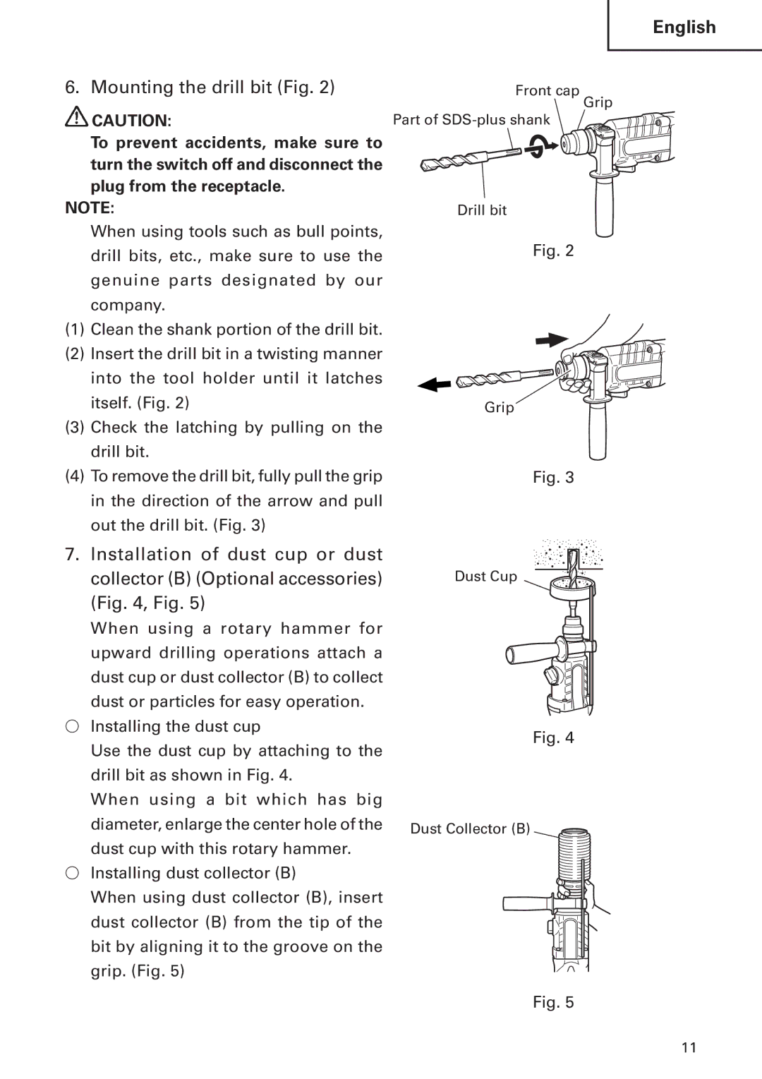 Hitachi DH 24 PF instruction manual Mounting the drill bit Fig 