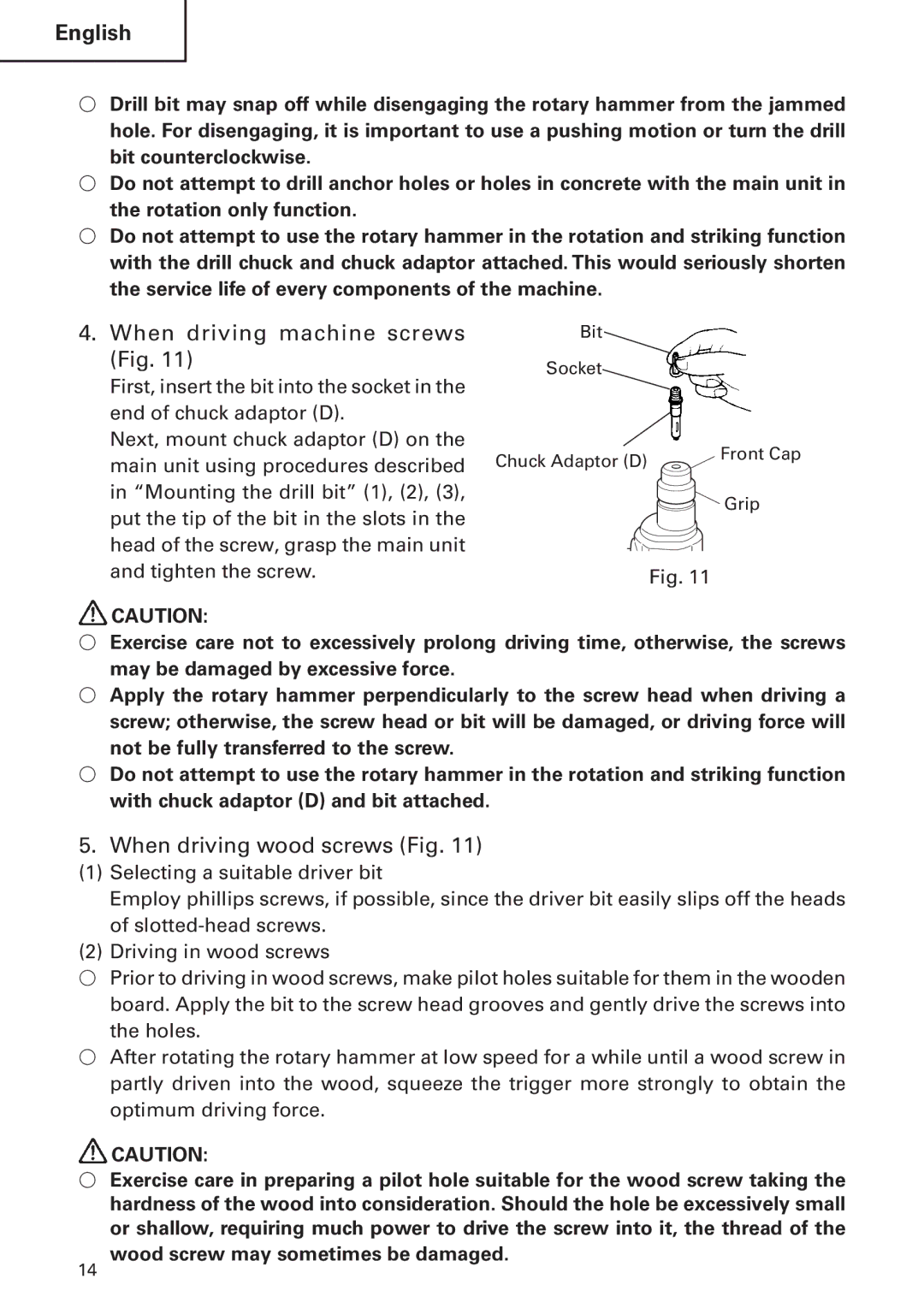 Hitachi DH 24 PF instruction manual When driving machine screws Fig, When driving wood screws Fig 