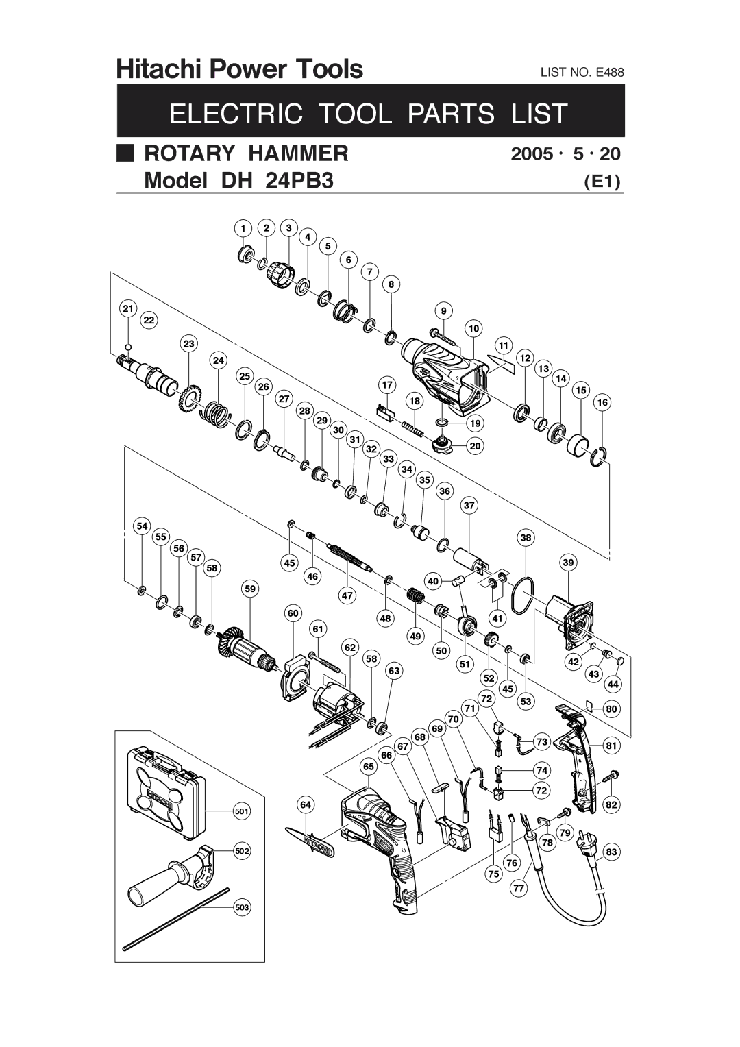 Hitachi DH 24PB3 manual Electric Tool Parts List 