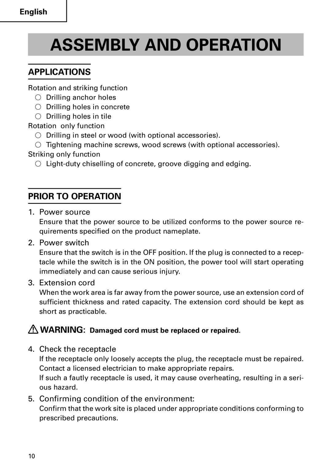 Hitachi DH 24PC instruction manual Assembly and Operation, Applications, Prior to Operation 