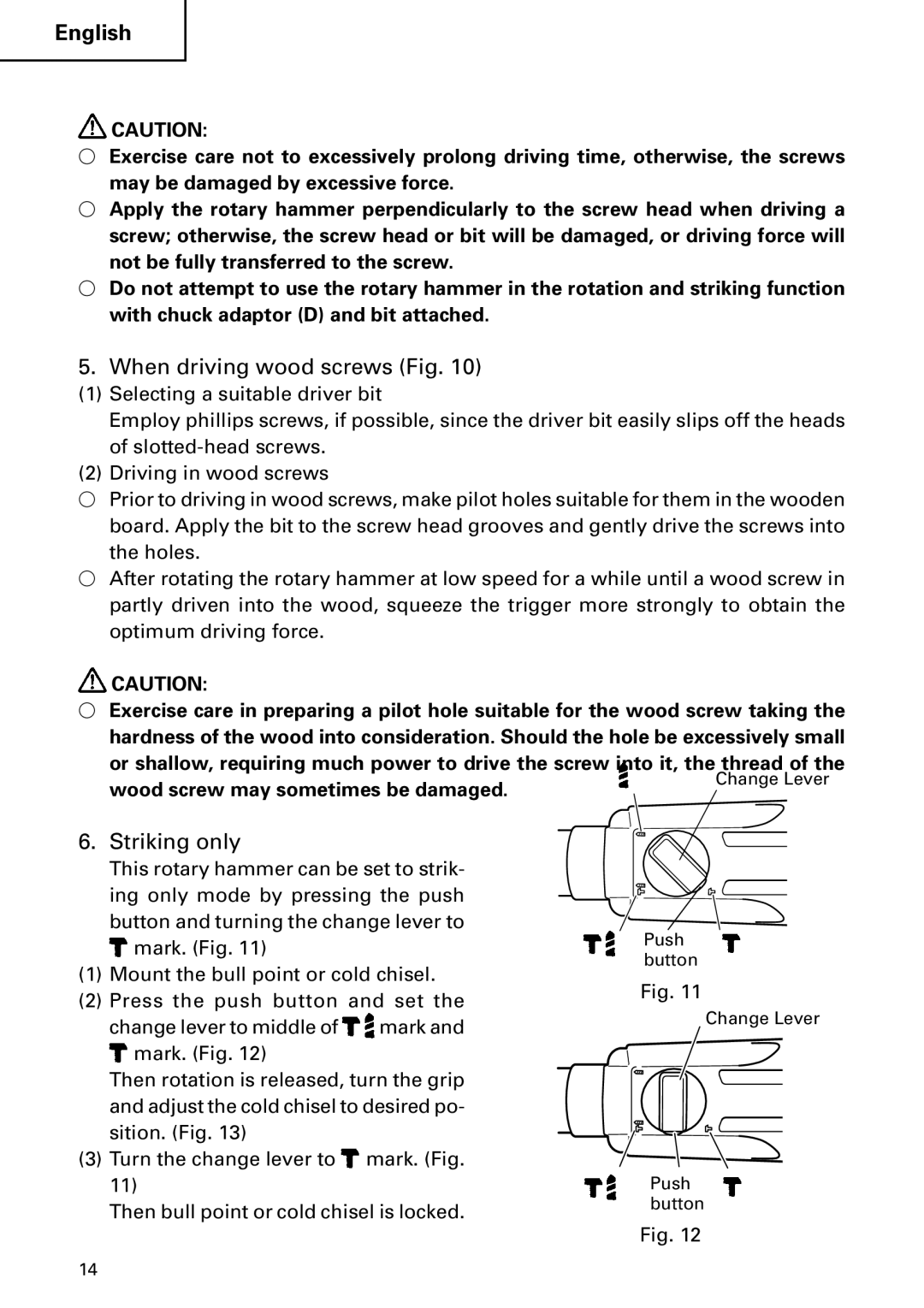 Hitachi DH 24PC instruction manual When driving wood screws Fig, Striking only 