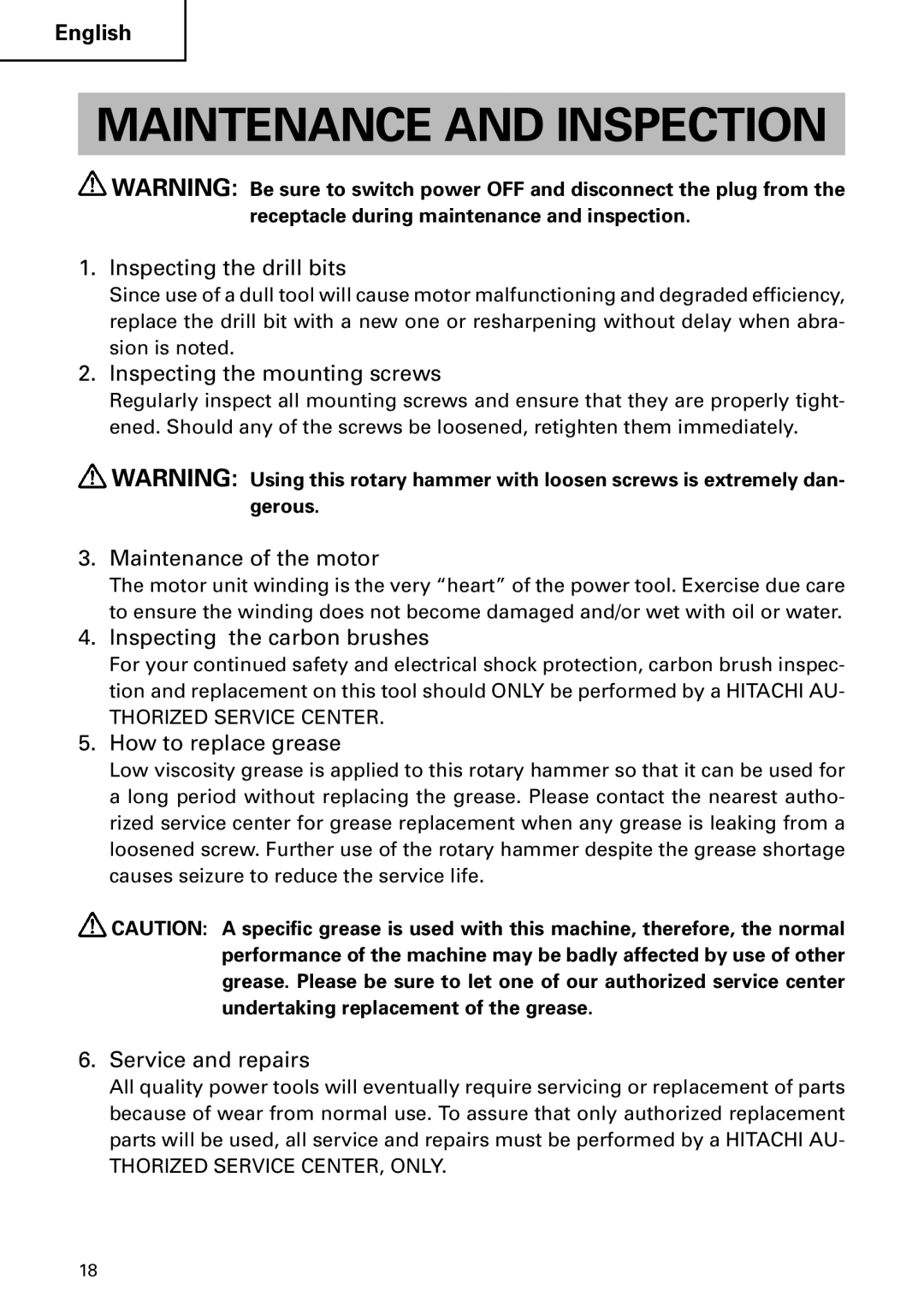 Hitachi DH 24PC instruction manual Maintenance and Inspection 