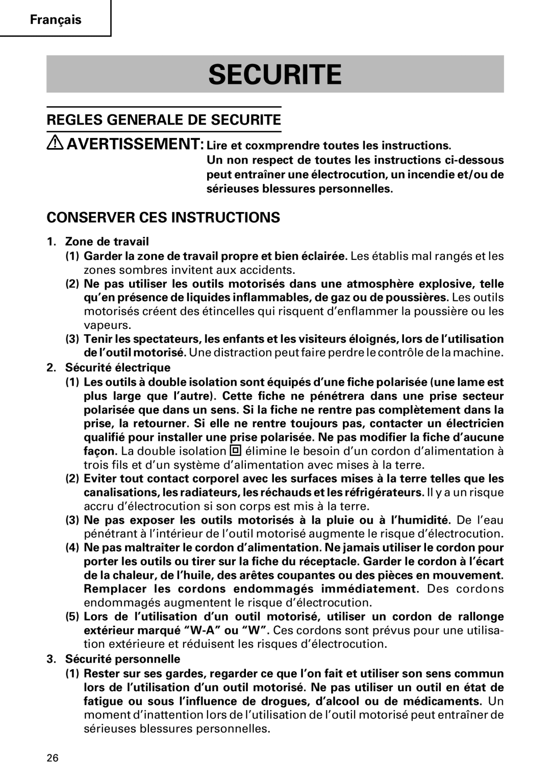 Hitachi DH 24PC instruction manual Regles Generale DE Securite, Conserver CES Instructions 