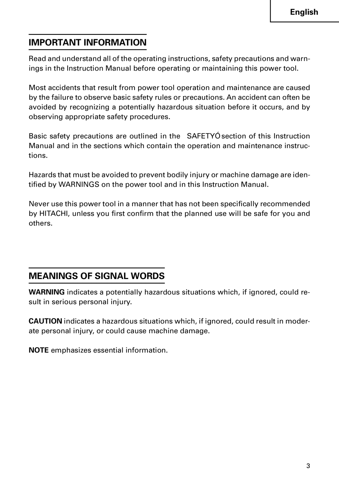 Hitachi DH 24PC instruction manual Important Information, Meanings of Signal Words 