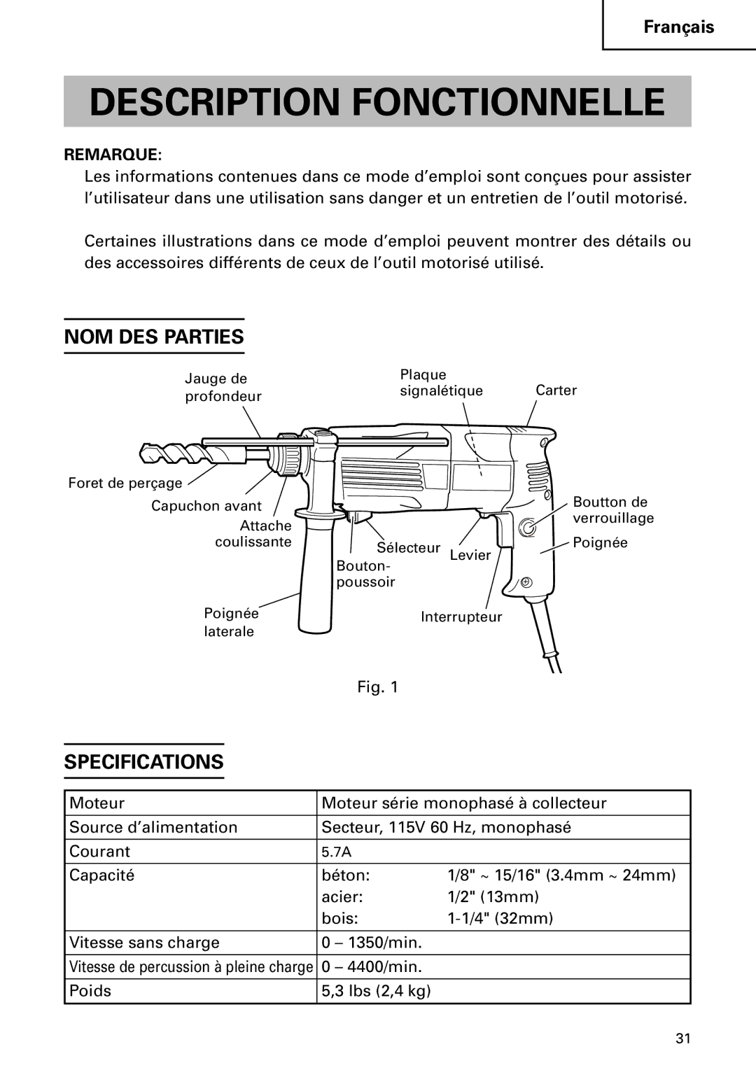 Hitachi DH 24PC instruction manual Description Fonctionnelle, NOM DES Parties 