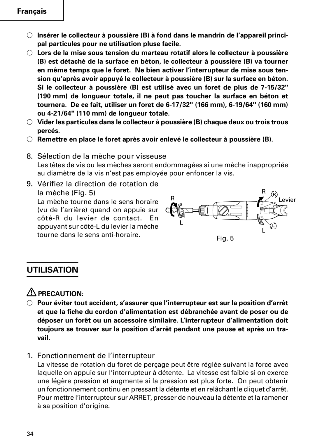 Hitachi DH 24PC Utilisation, Sélection de la mèche pour visseuse, Vérifiez la direction de rotation de La mèche Fig 