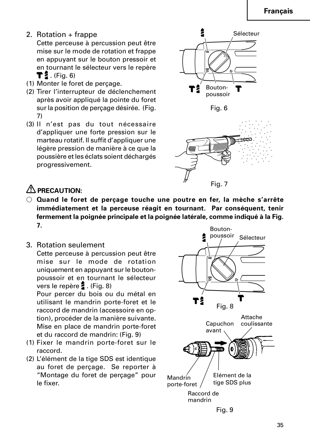 Hitachi DH 24PC instruction manual Rotation + frappe, Rotation seulement 