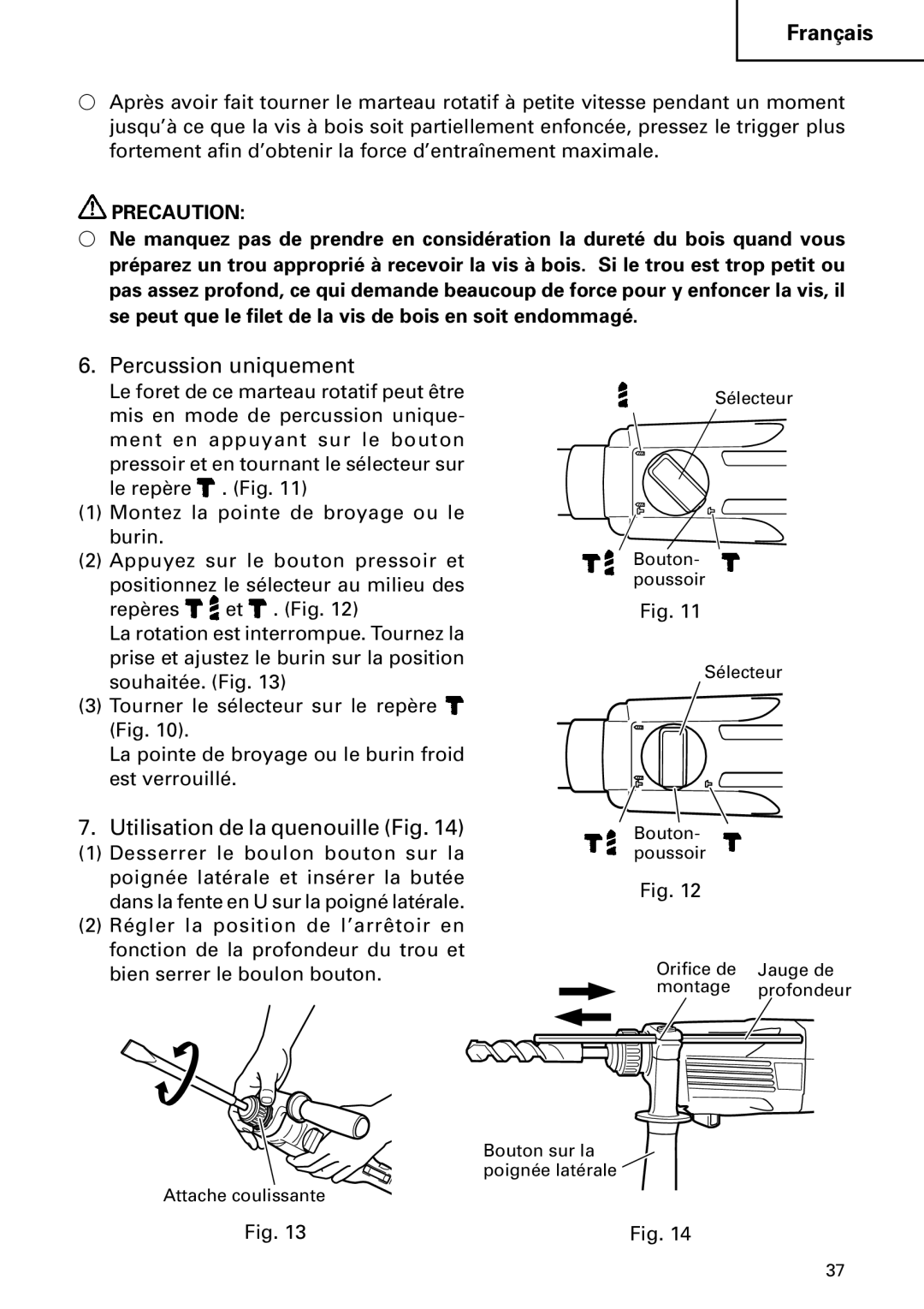 Hitachi DH 24PC instruction manual Percussion uniquement, Utilisation de la quenouille Fig 