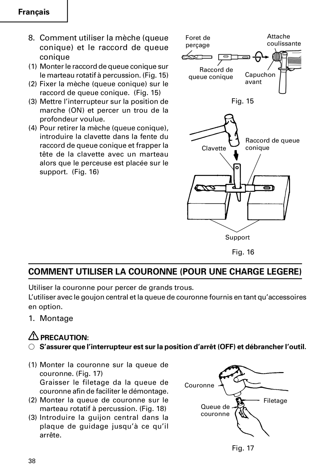 Hitachi DH 24PC instruction manual Comment Utiliser LA Couronne Pour UNE Charge Legere, Montage 