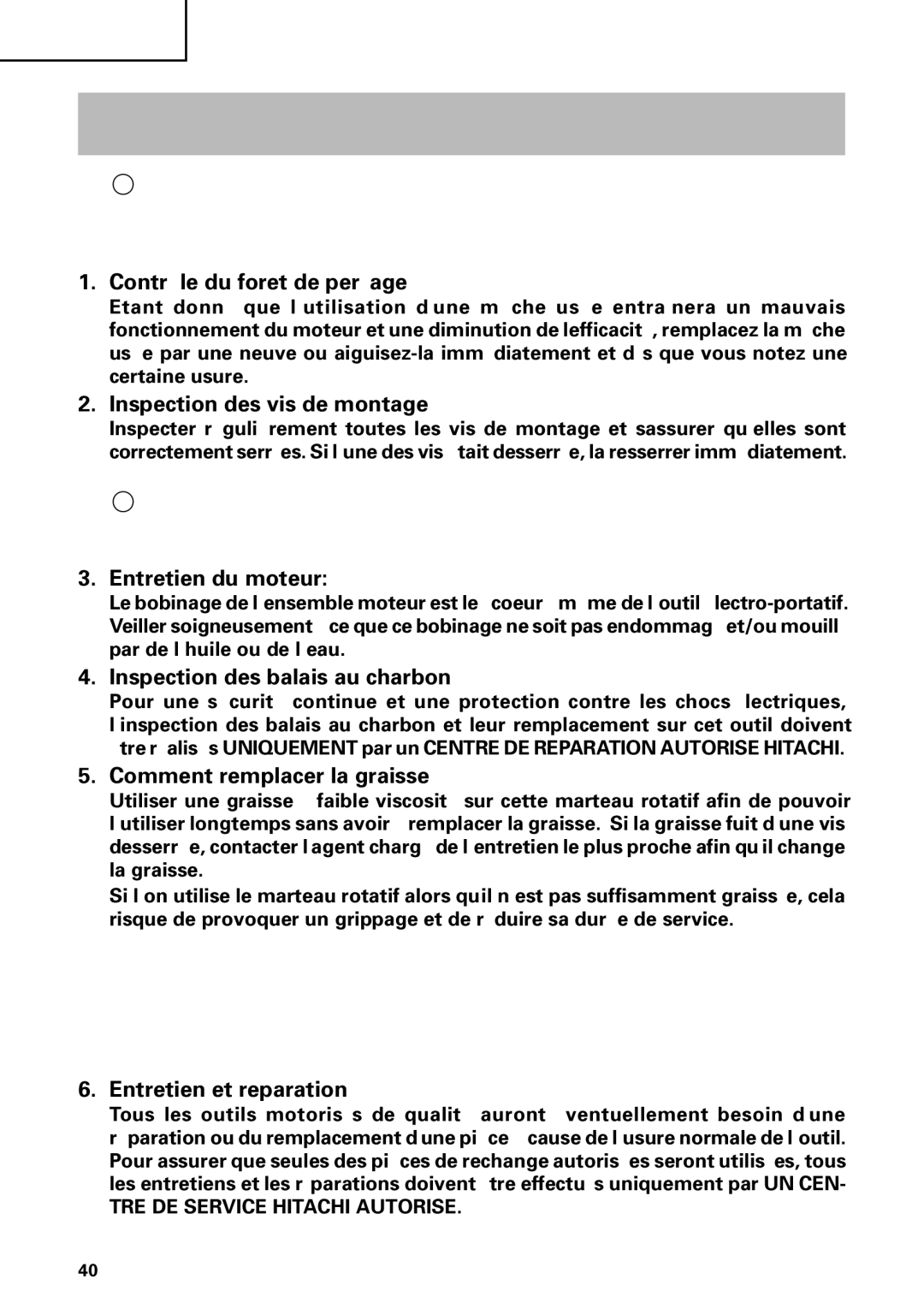 Hitachi DH 24PC instruction manual Entretien ET Inspection 