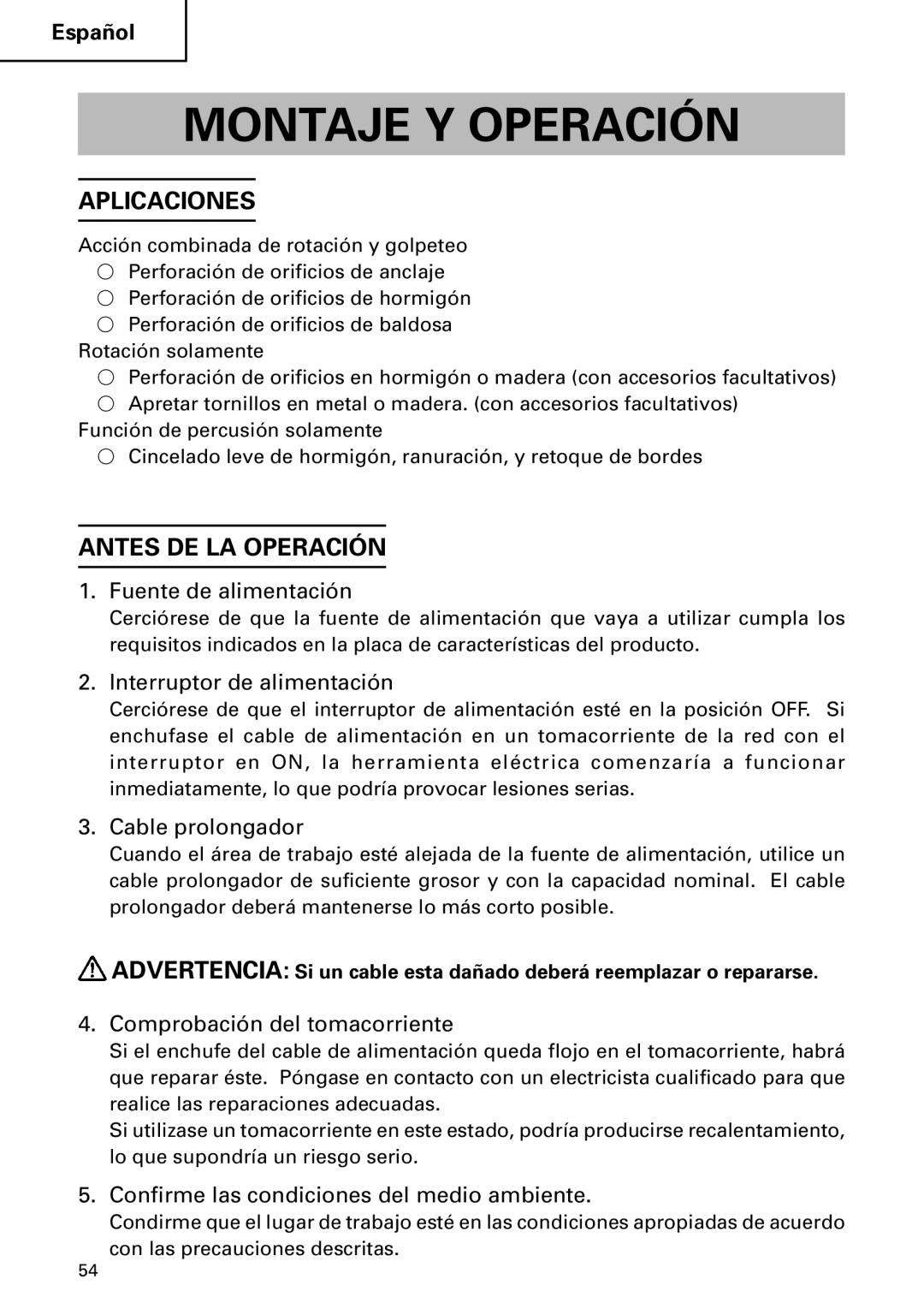 Hitachi DH 24PC instruction manual Montaje Y Operación, Aplicaciones, Antes DE LA Operación 