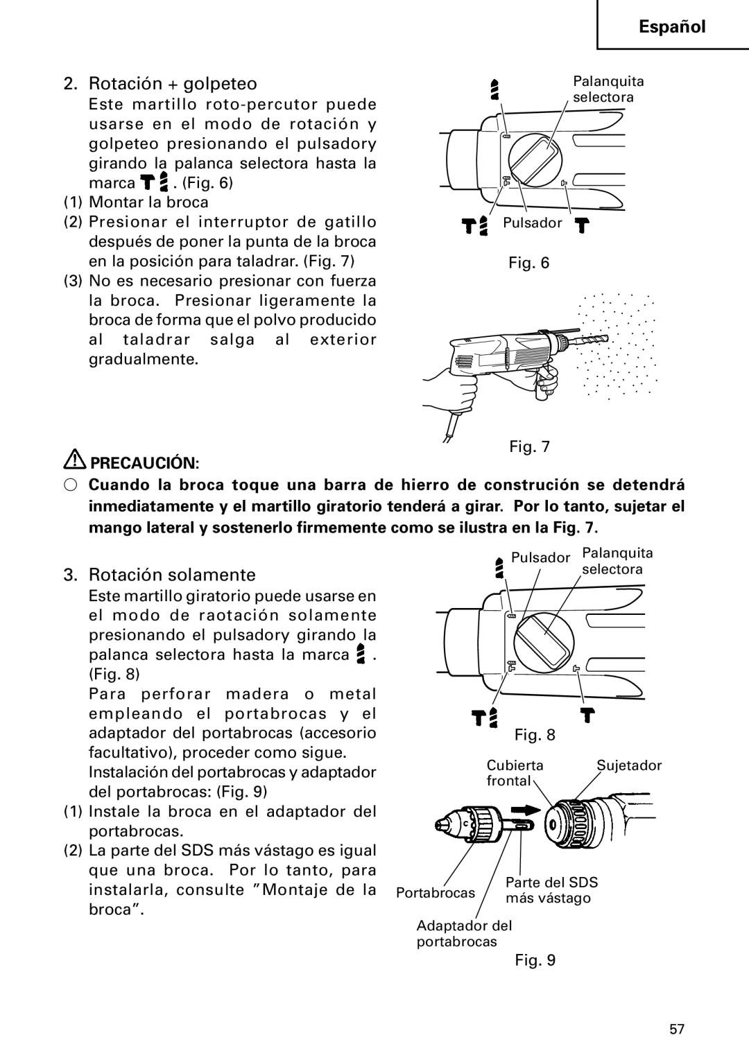 Hitachi DH 24PC instruction manual Rotación + golpeteo, Rotación solamente 