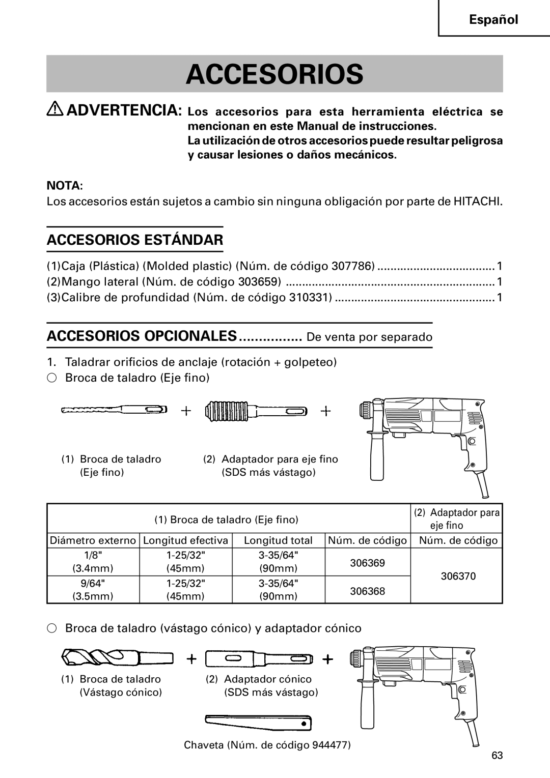 Hitachi DH 24PC instruction manual Accesorios Estándar 